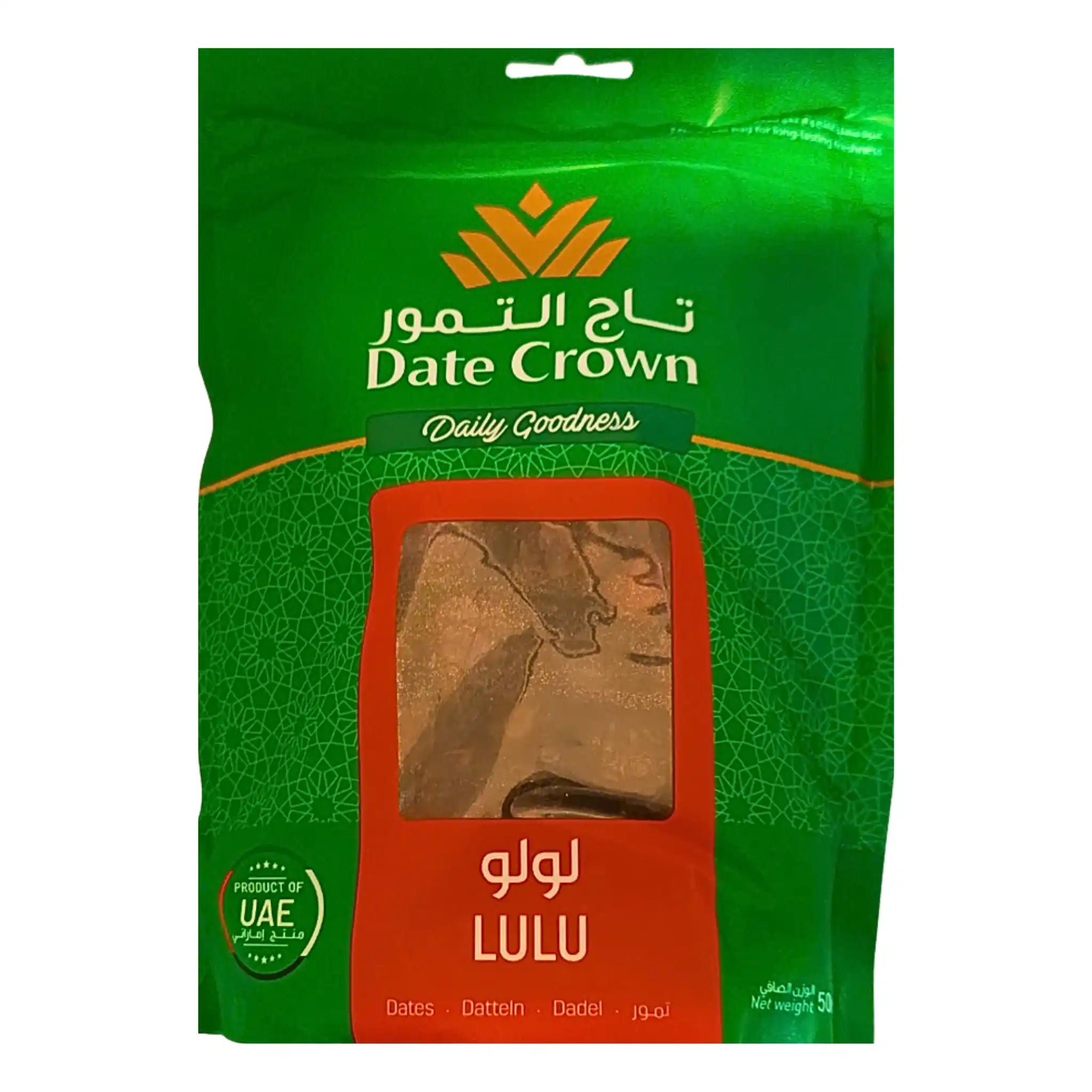 Vihreä Lulu-datlipakkaus 500 g, Date Crown, selkeä ikkuna, josta luumut näkyvät.