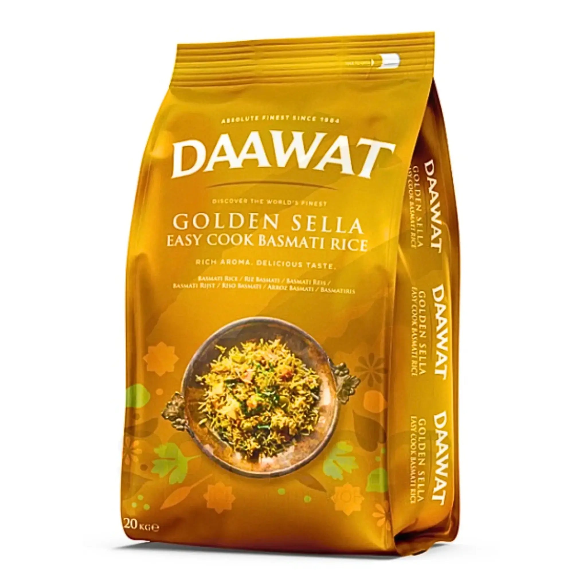 Daawat Golden Sella -basmatiriisi 20 kg pussi kultaisella pakkauksella ja riisikuvalla edessä.