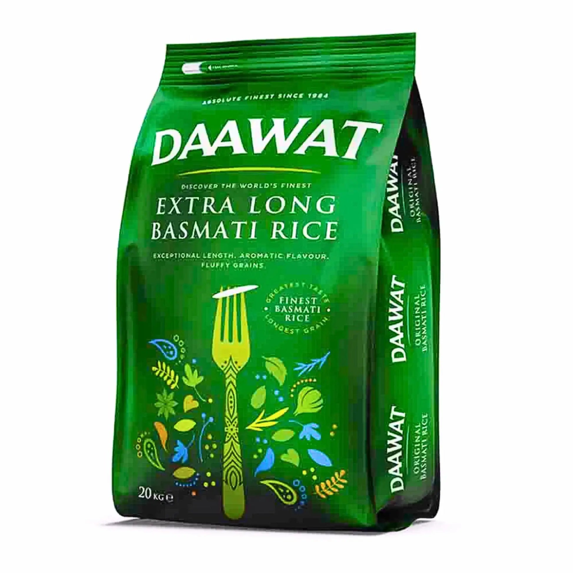 Vihreä pussi Daawat erittäin pitkäjyväistä basmati-risiiä, 20 kg, itämaiset kuviot.