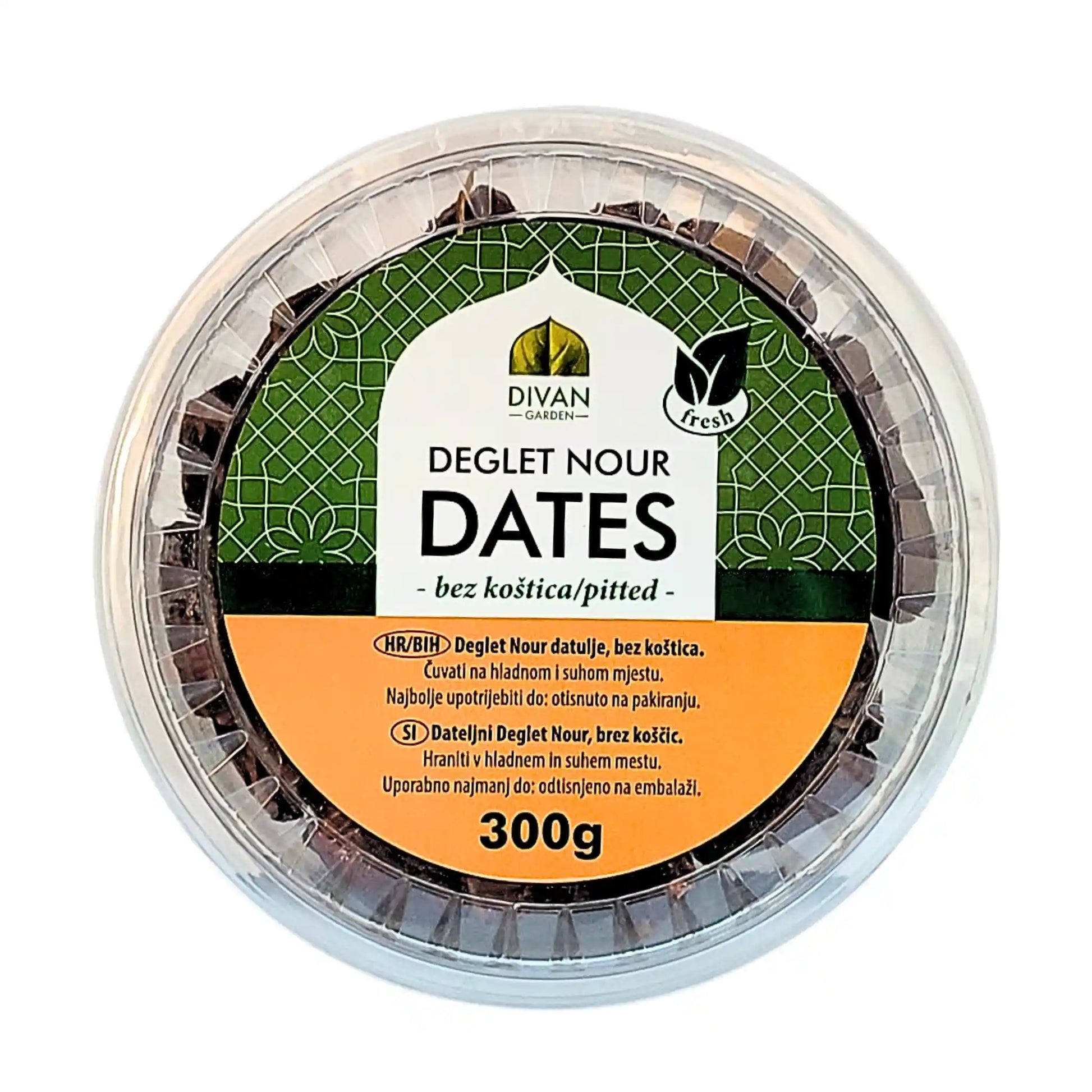 Deglet Nour -datlit luuttomina pyöreässä muovipakkauksessa, 300 g, itäinen suunnittelu