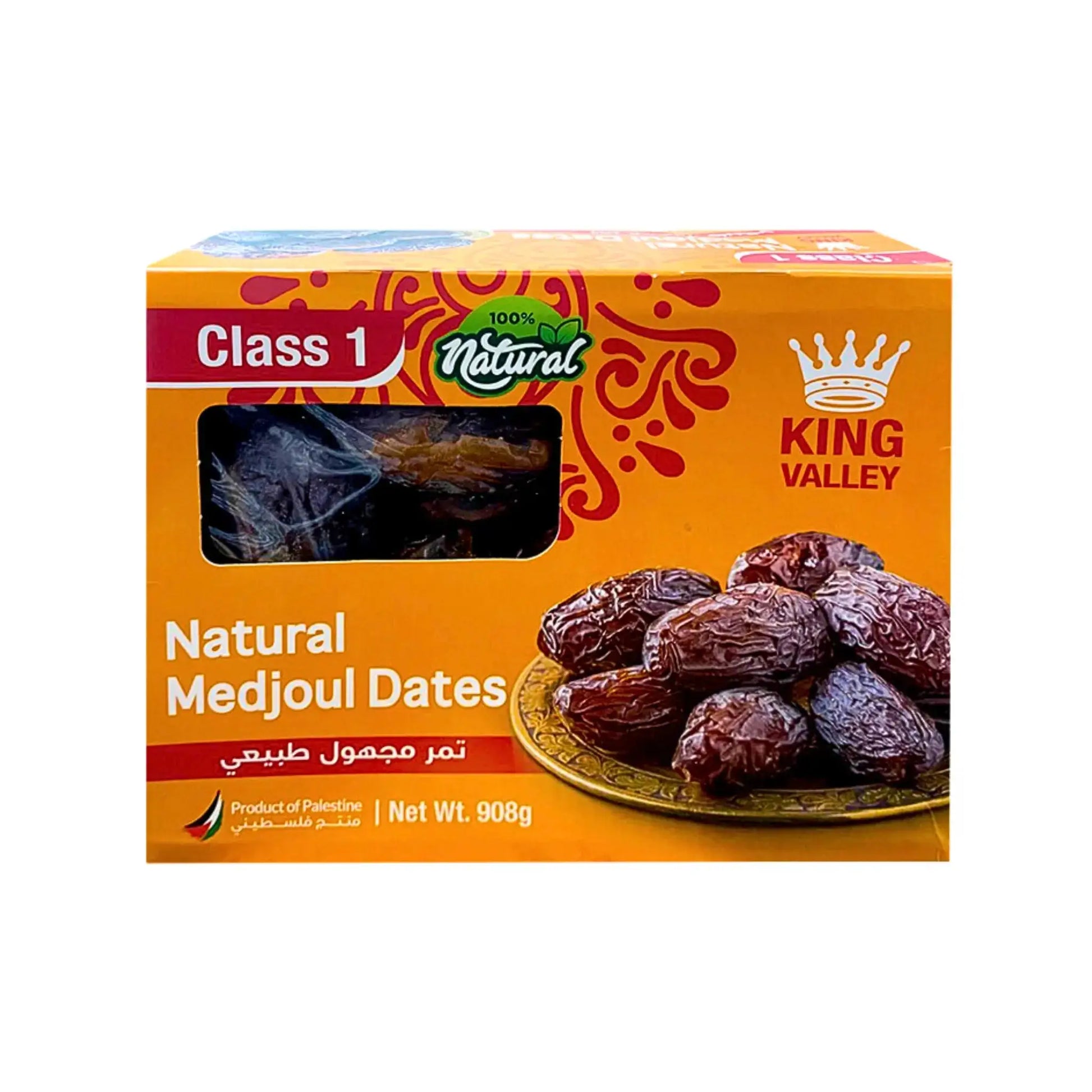 Medjooldattelit oranssissa pakkauksessa, luonnollisia kuivattuja datleja 908g King Valley.
