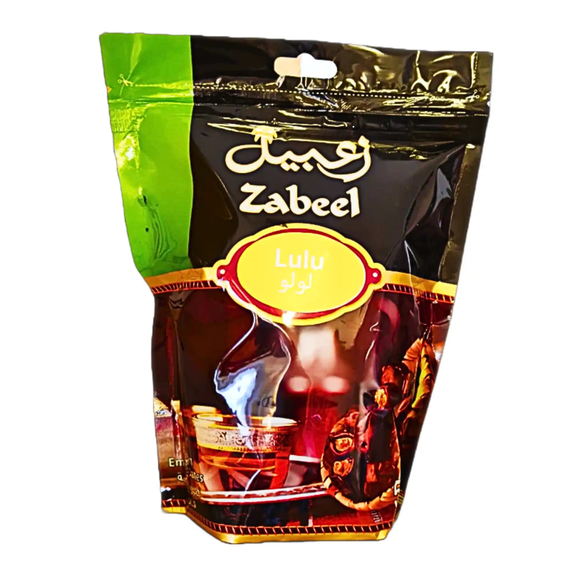 Zabeel Lulu -dattelit 500 g:n pakkauksessa, värikkäällä pakkauksella varustetut kuivatut itämaiset dattelit.