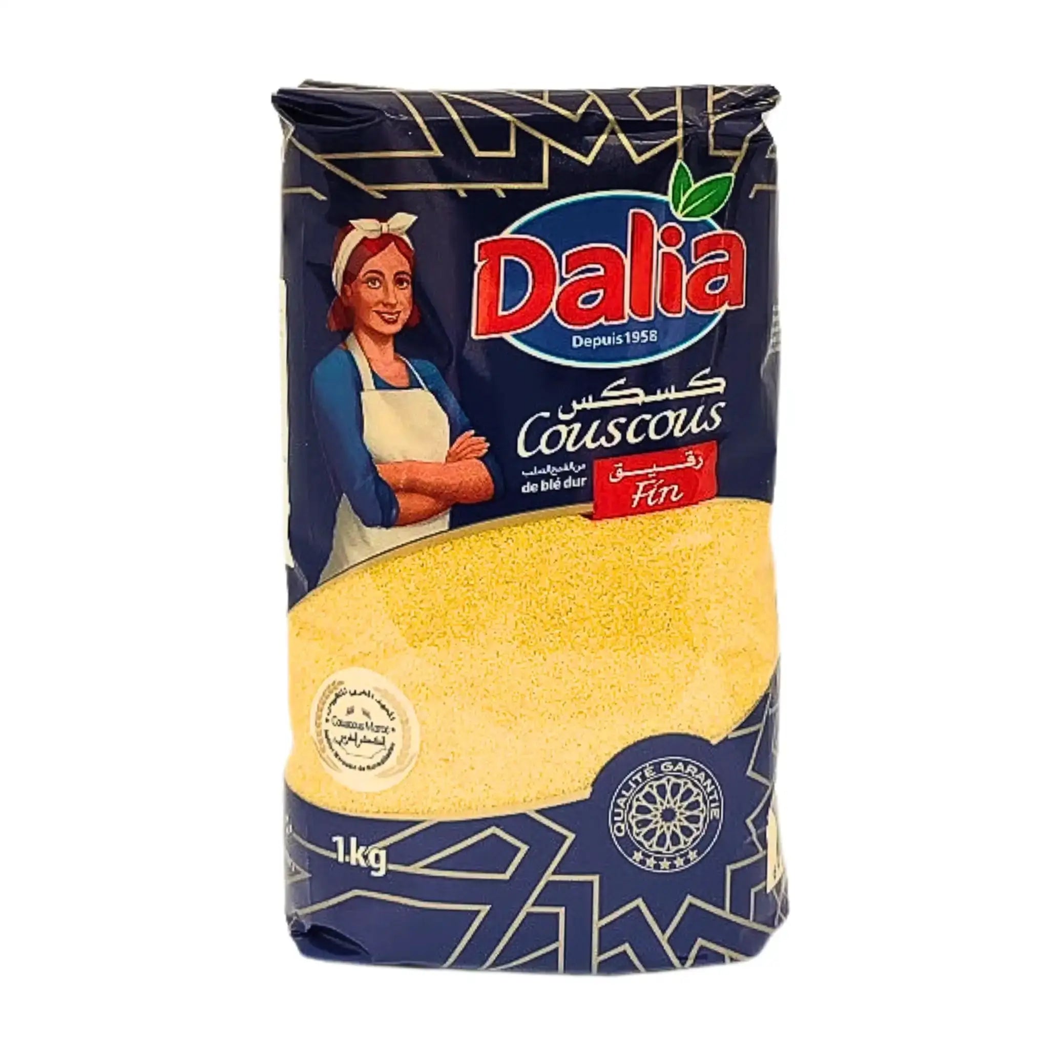 Dalia couscous hienojauhoinen 1kg sinisessä pakkauksessa selkeällä etiketillä, itämaisia perinteisiä tuotteita