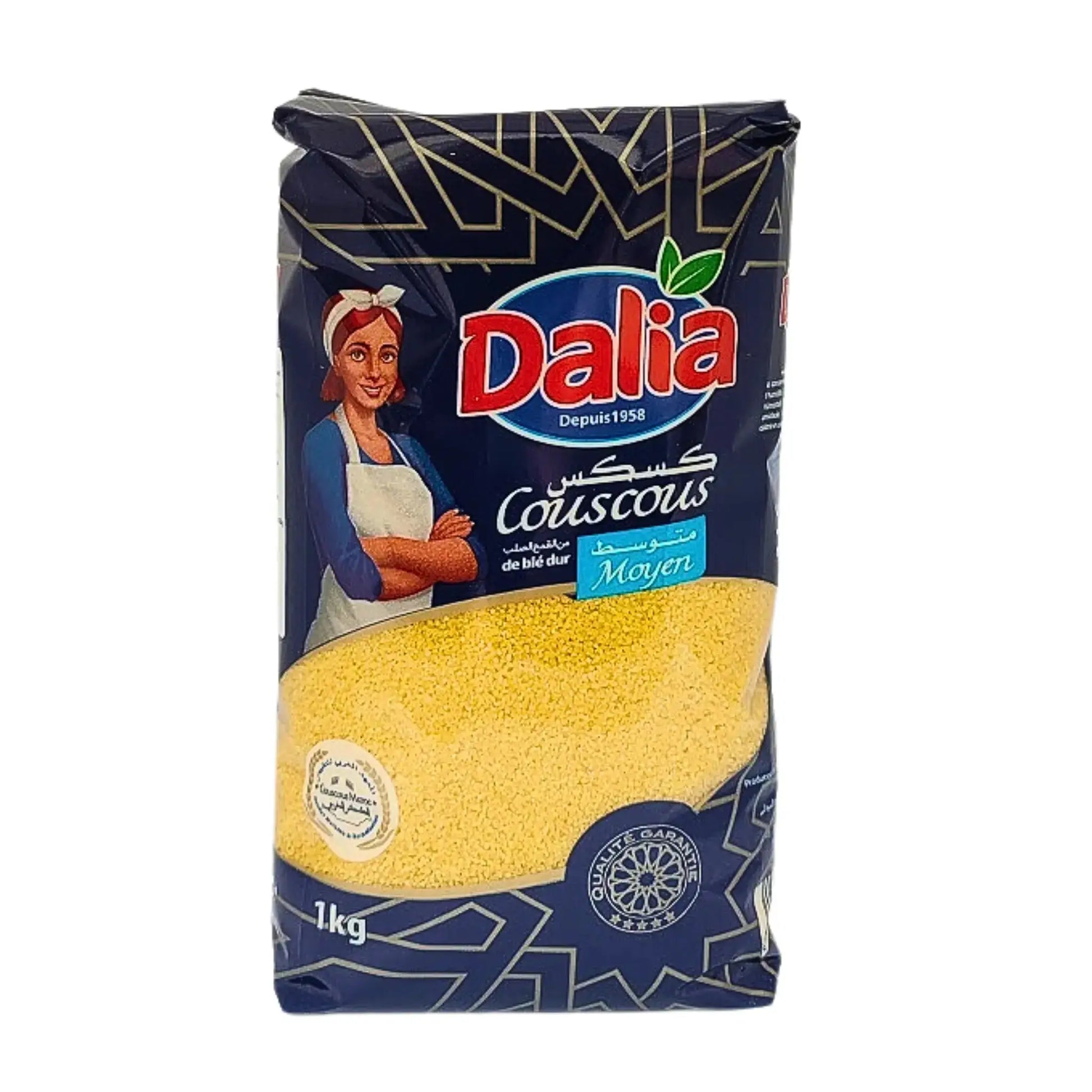 Dalia couscous keskimäärin jauhettua durumvehnää 1 kg:n pakkauksessa, itämainen suunnittelu.