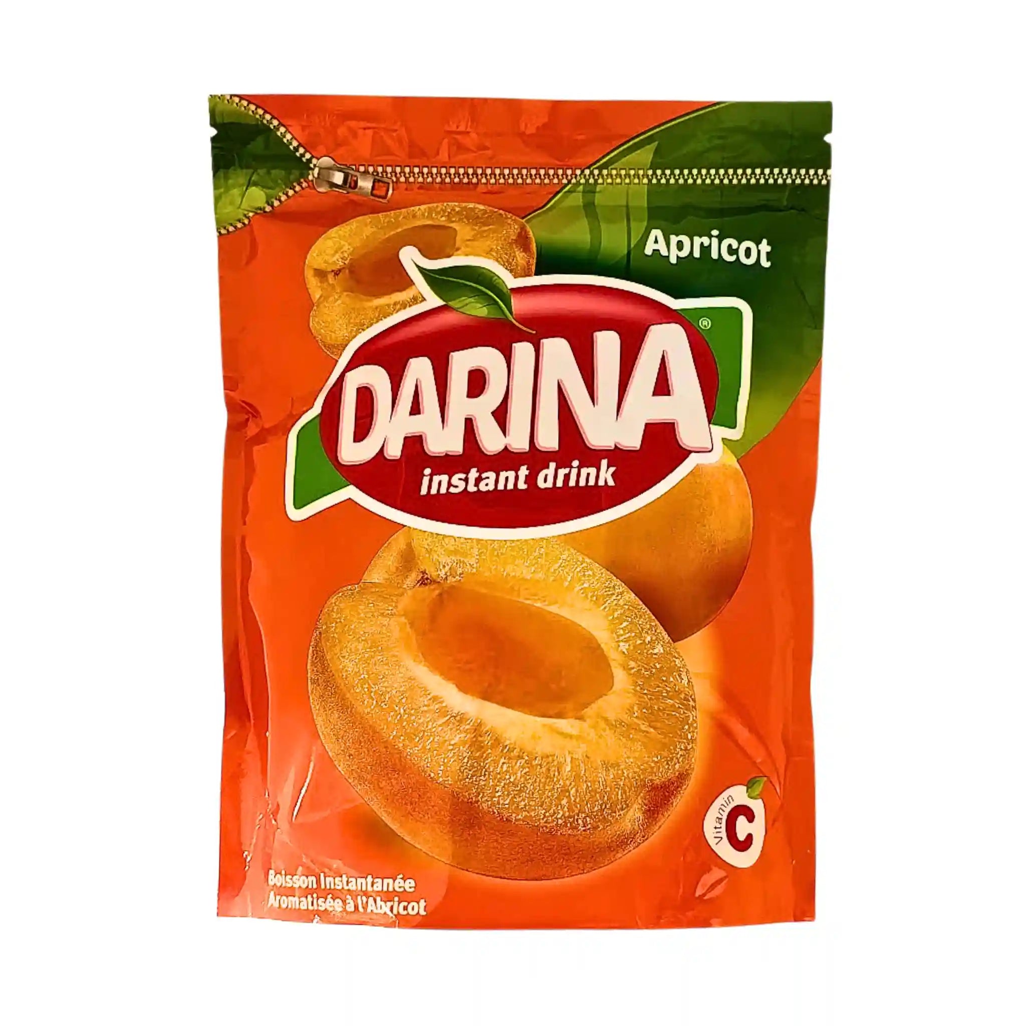 Aprikoosimehun jauhe, Darina instant drink, oranssi pakkaus aprikoosikuvalla.