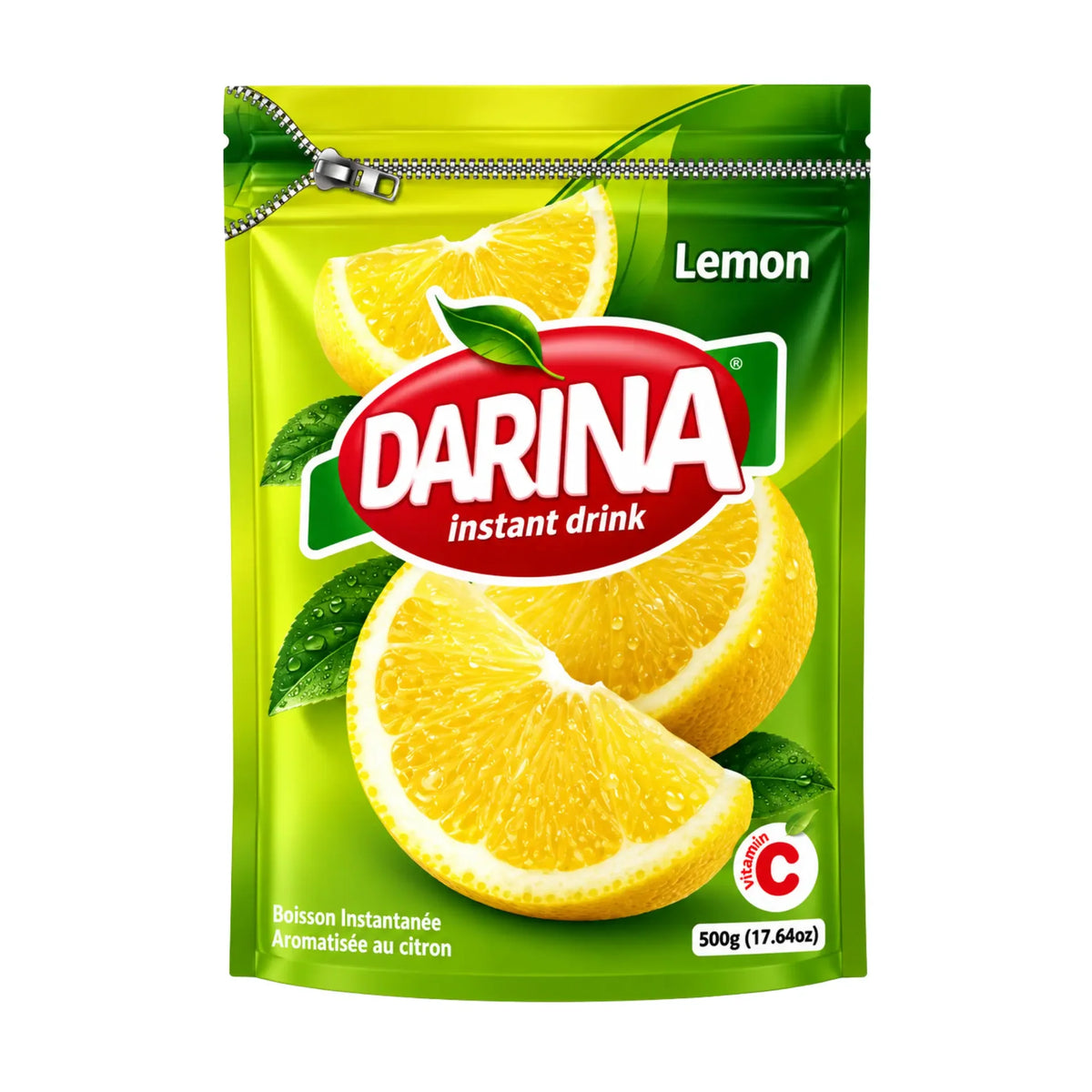 Darina citronjuicepulver 500 g i grön ståpåse med citronskivor