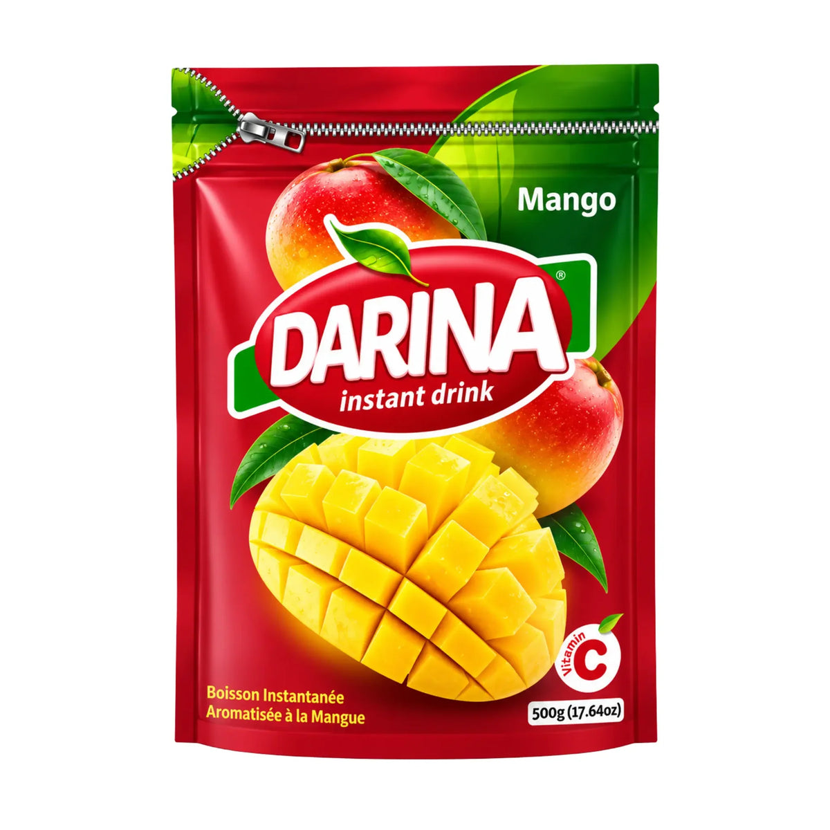 Mangojuicepulver i påse med Darina-motiv och mangoillustrationer, röd/grön förpackning