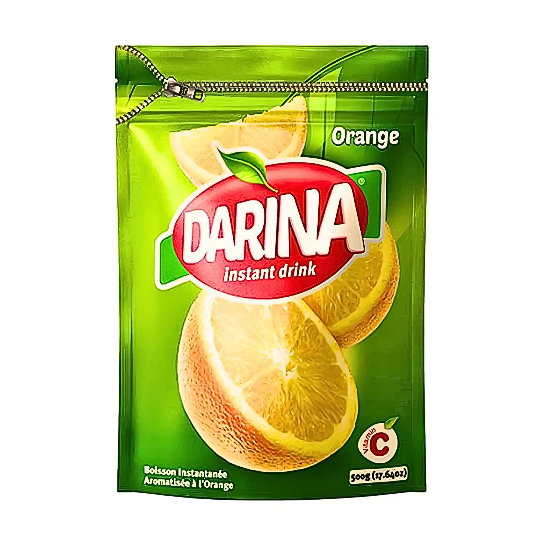Appelsiinimehun jauhetta vihreässä pussissa appelsiiniviipaleilla, 500 g instant-juomasekoitus.