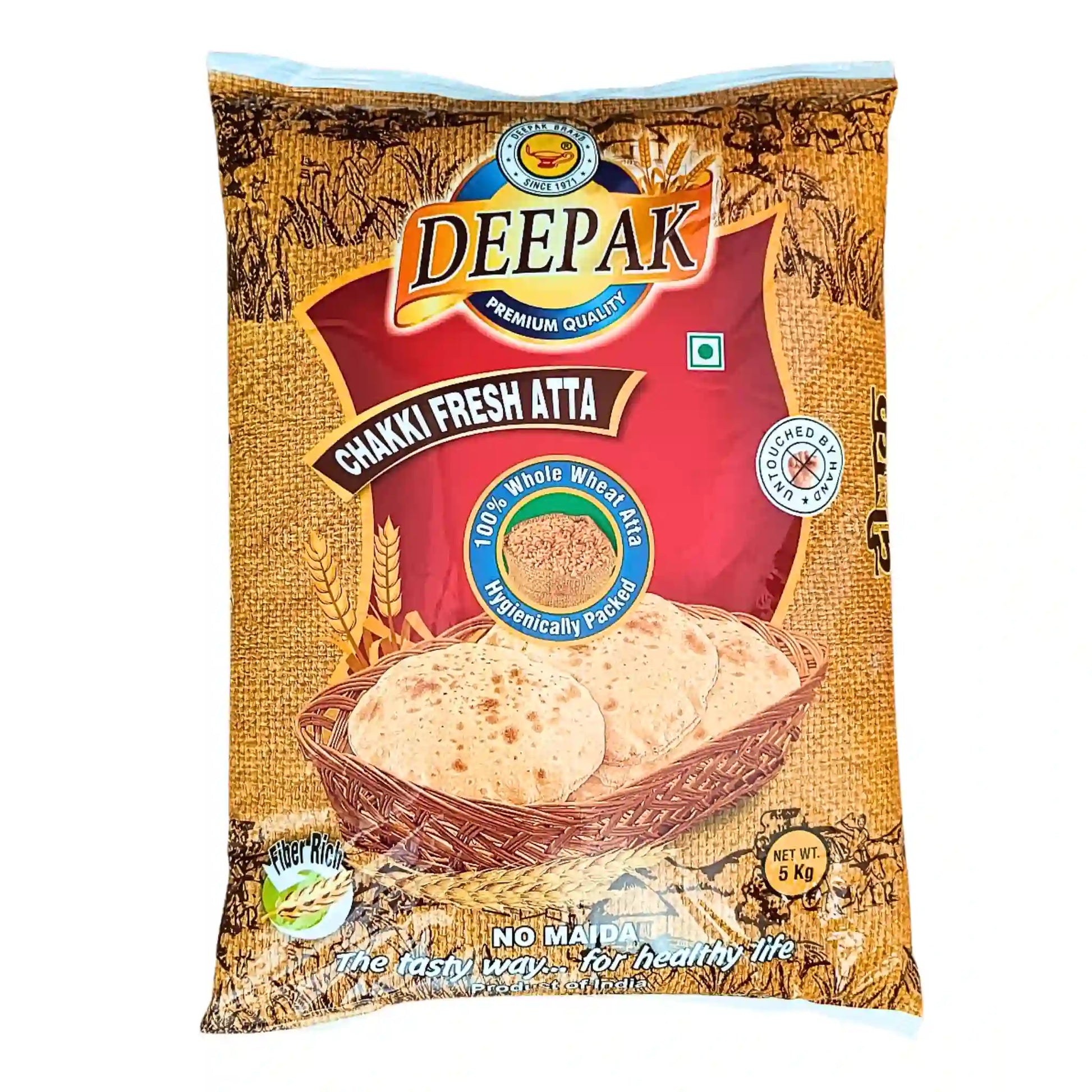 Deepak Chakki Fresh Atta 5 kg paketti, kokonaisviljavehnämyllyä tuoreiden rotisien kuvalla