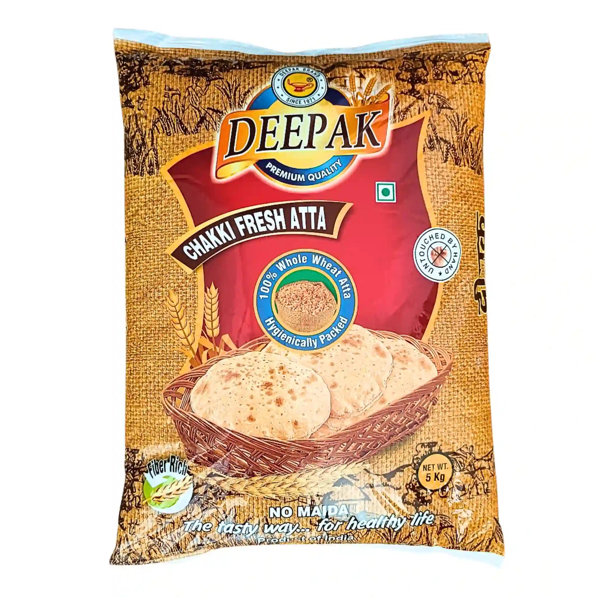 Deepak Chakki Fresh Atta 5 kg paketti, kokonaisviljavehnämyllyä tuoreiden rotisien kuvalla
