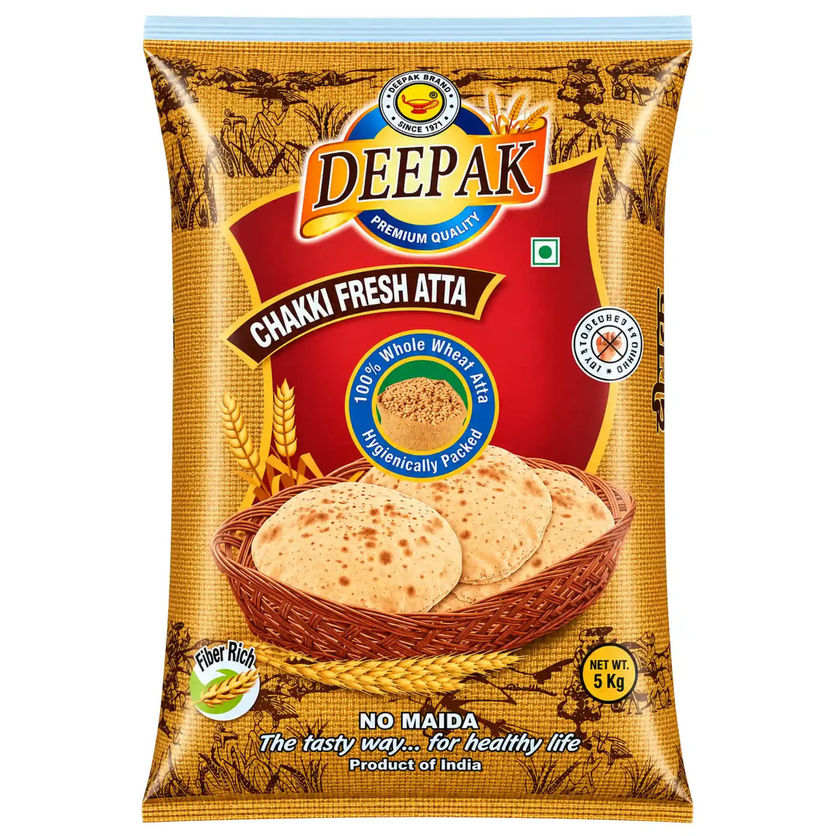 Deepak chakkki fresh atta 5 kg, påse med fullkornsvetemjöl, gulbrun