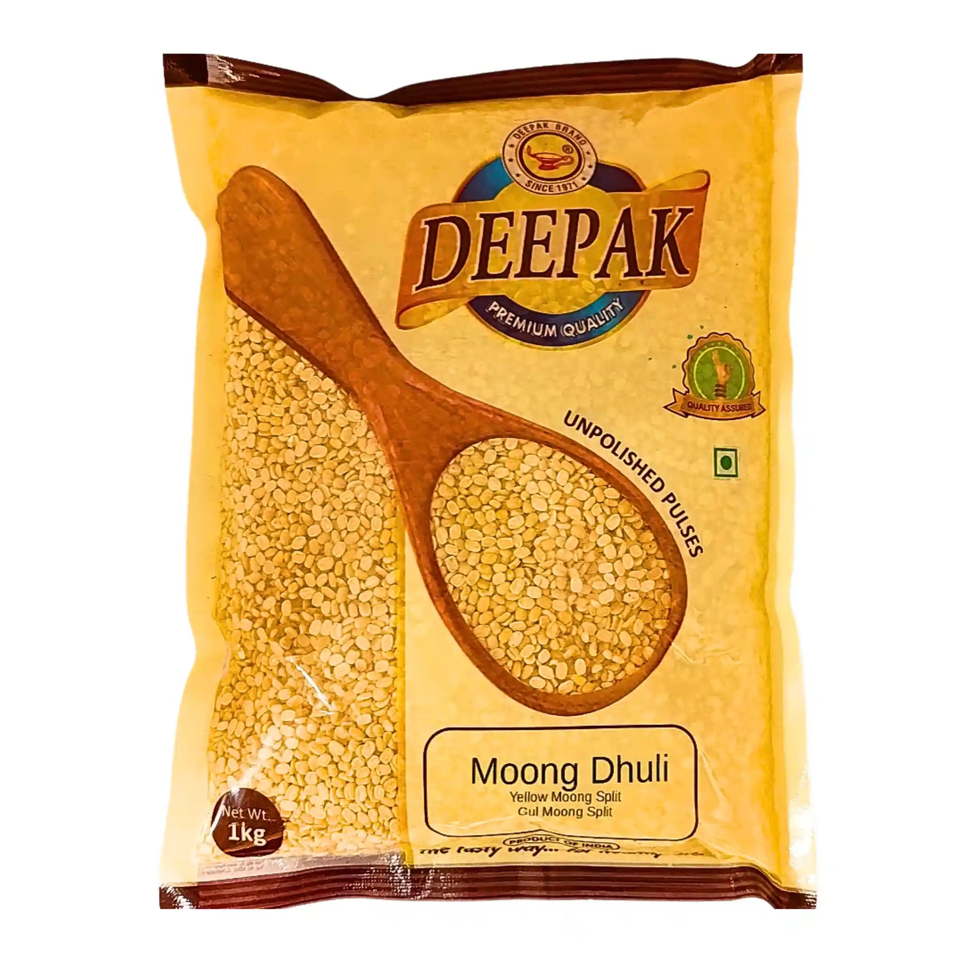 Syväkeltainen pakkaus Deepak Moong Dhuli -eritetyt keltaiset munapavut 1kg, itämaisia palkokasveja.