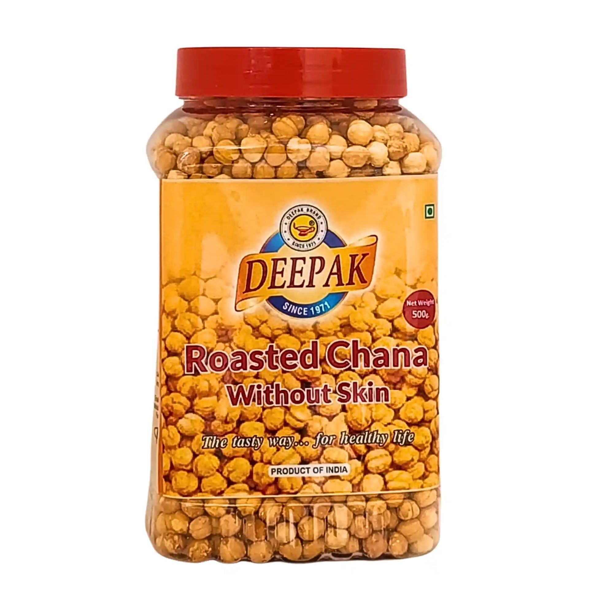 Purkki kuorittuja paahdettuja kikhernesiä, 500g, valkoisella taustalla.