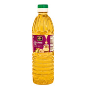 Sesamiöljy 500ml muovipullo vihreällä korkilla ja violetilla etiketillä, itämaisia elintarvikkeita.