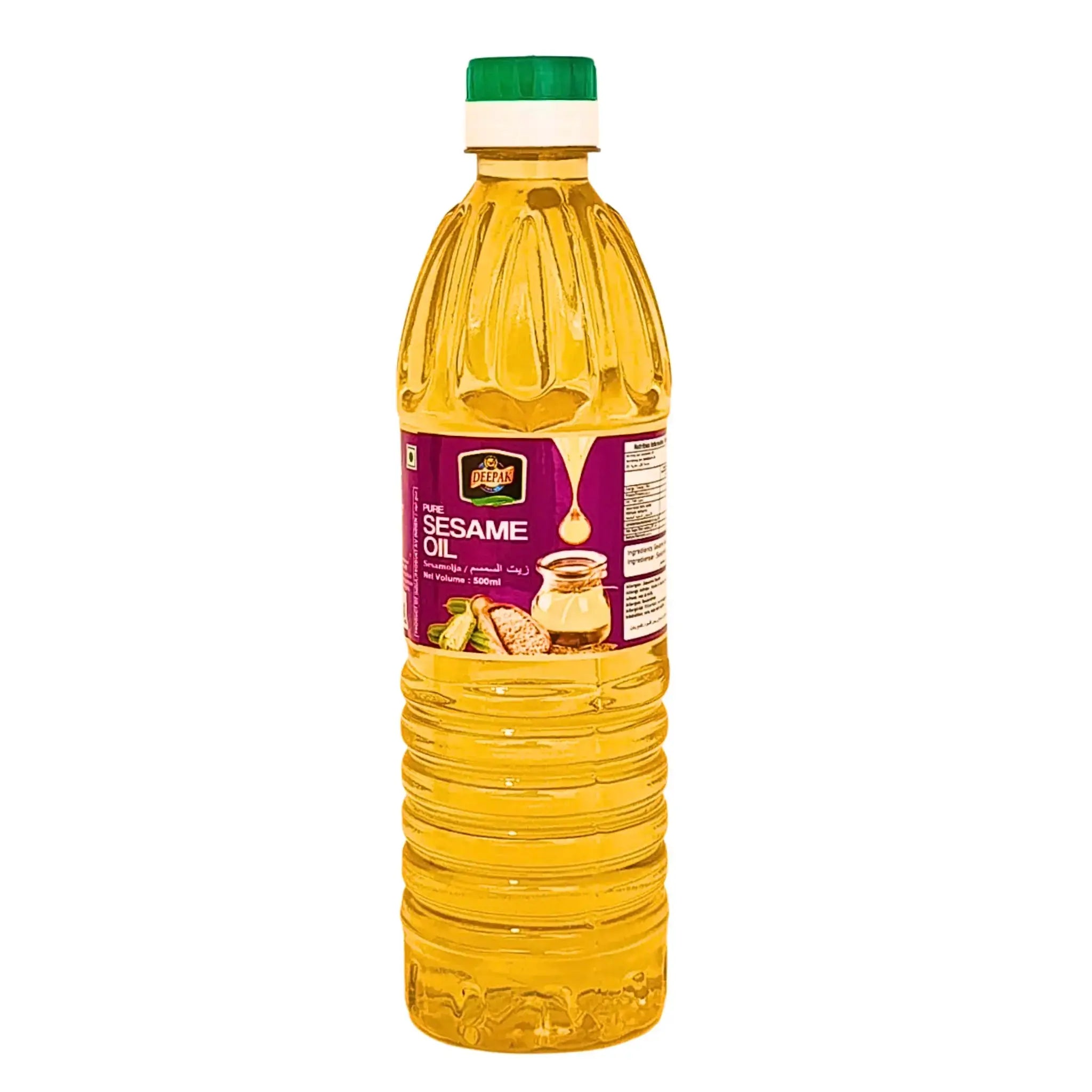 Sesamiöljy 500ml muovipullo vihreällä korkilla ja violetilla etiketillä, itämaisia elintarvikkeita.