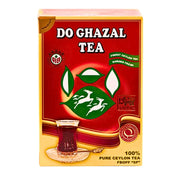Do Ghazal Ceylon -tee, itämaiseen pussiin pakattu, punaisessa pakkauksessa lasite ja teelehdet