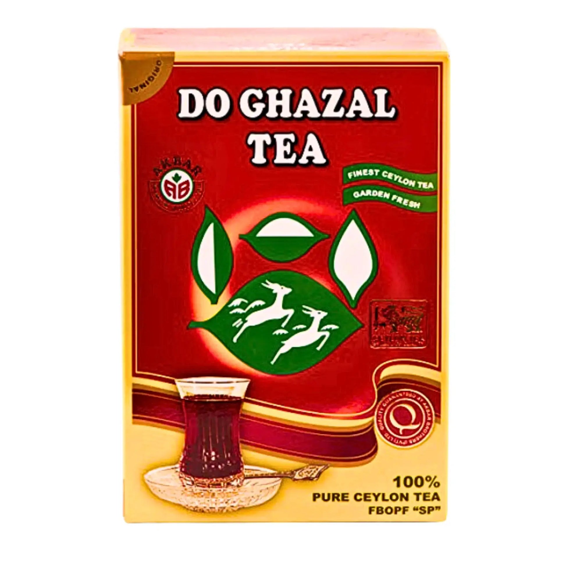 Do Ghazal Ceylon -tee, itämaiseen pussiin pakattu, punaisessa pakkauksessa lasite ja teelehdet