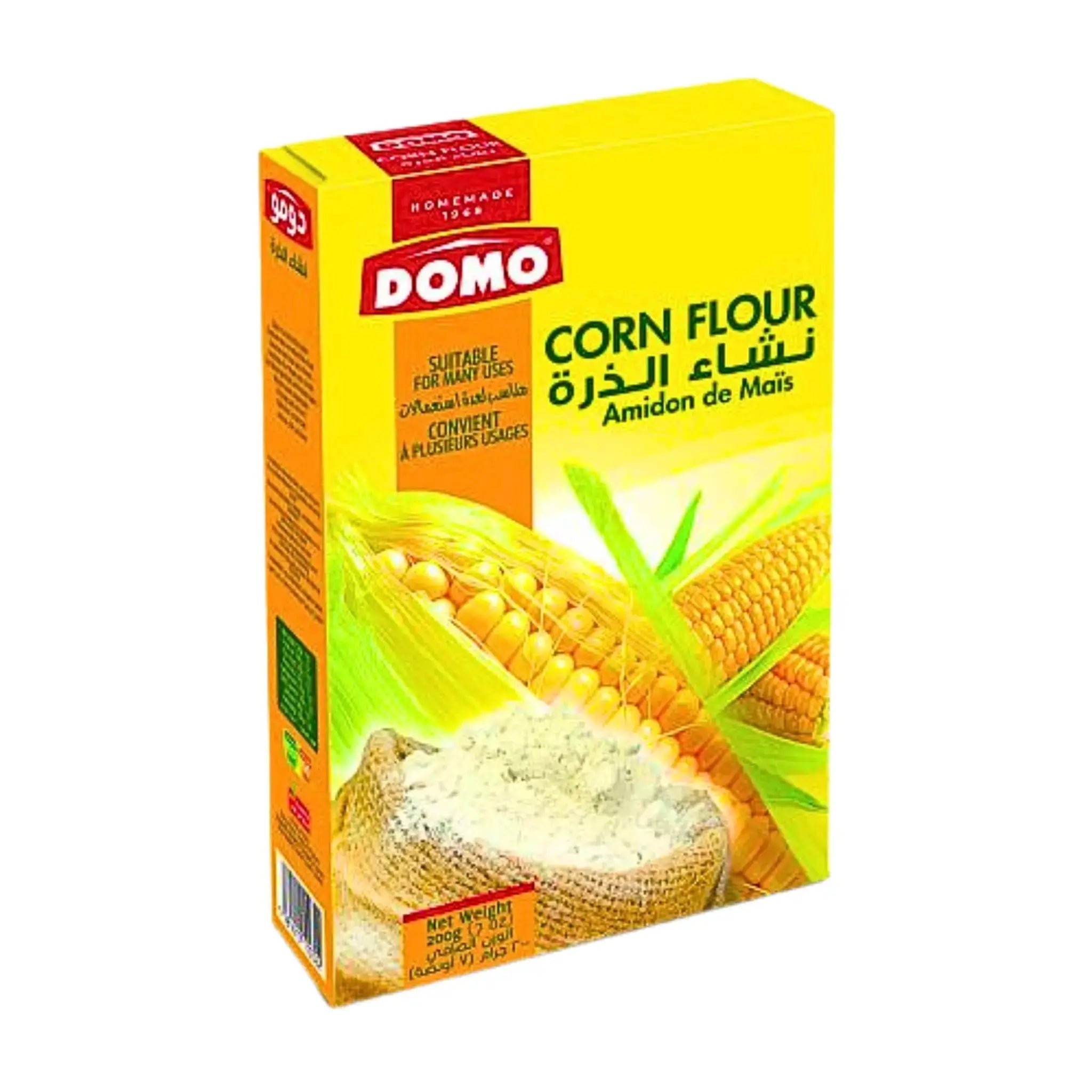 Gul förpackning med majsmjöl 200g, illustration av majskolv och mjöl, text på flera språk