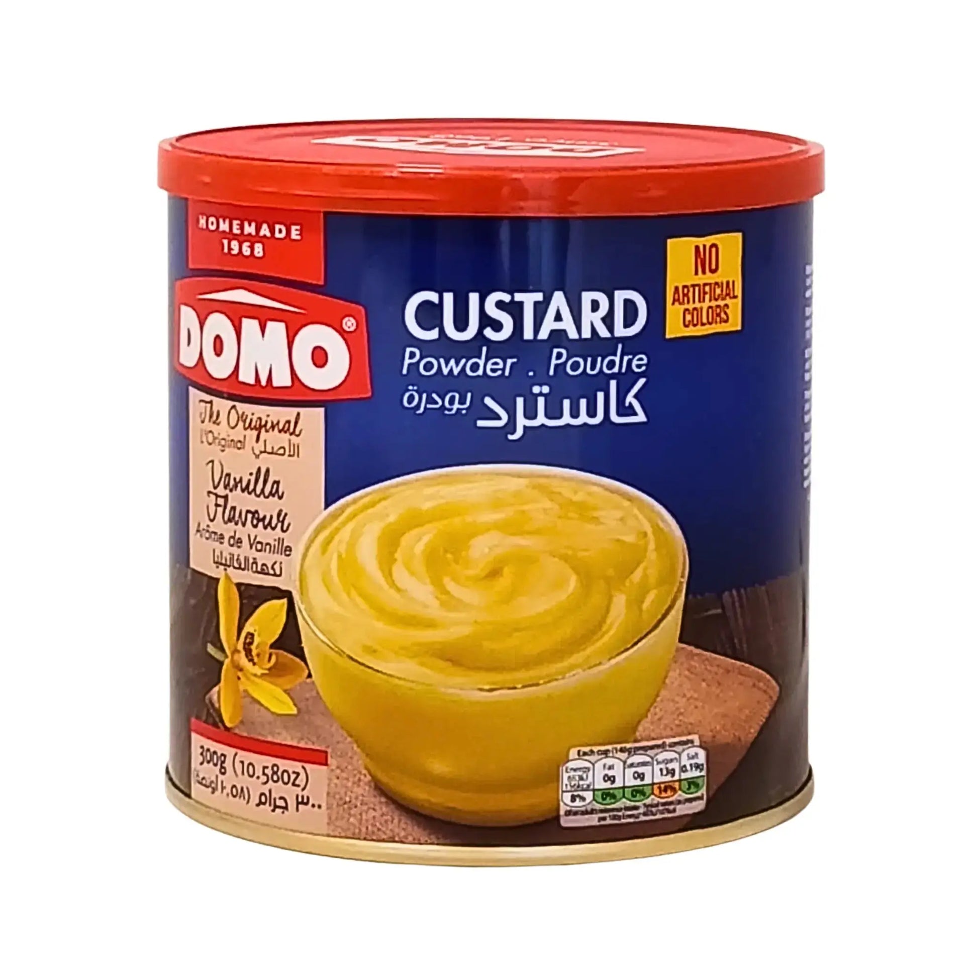 Domo-vaniljakreemijauhetta 300 g purkissa, kuvassa kulhossa keltainen vaniljakerma.