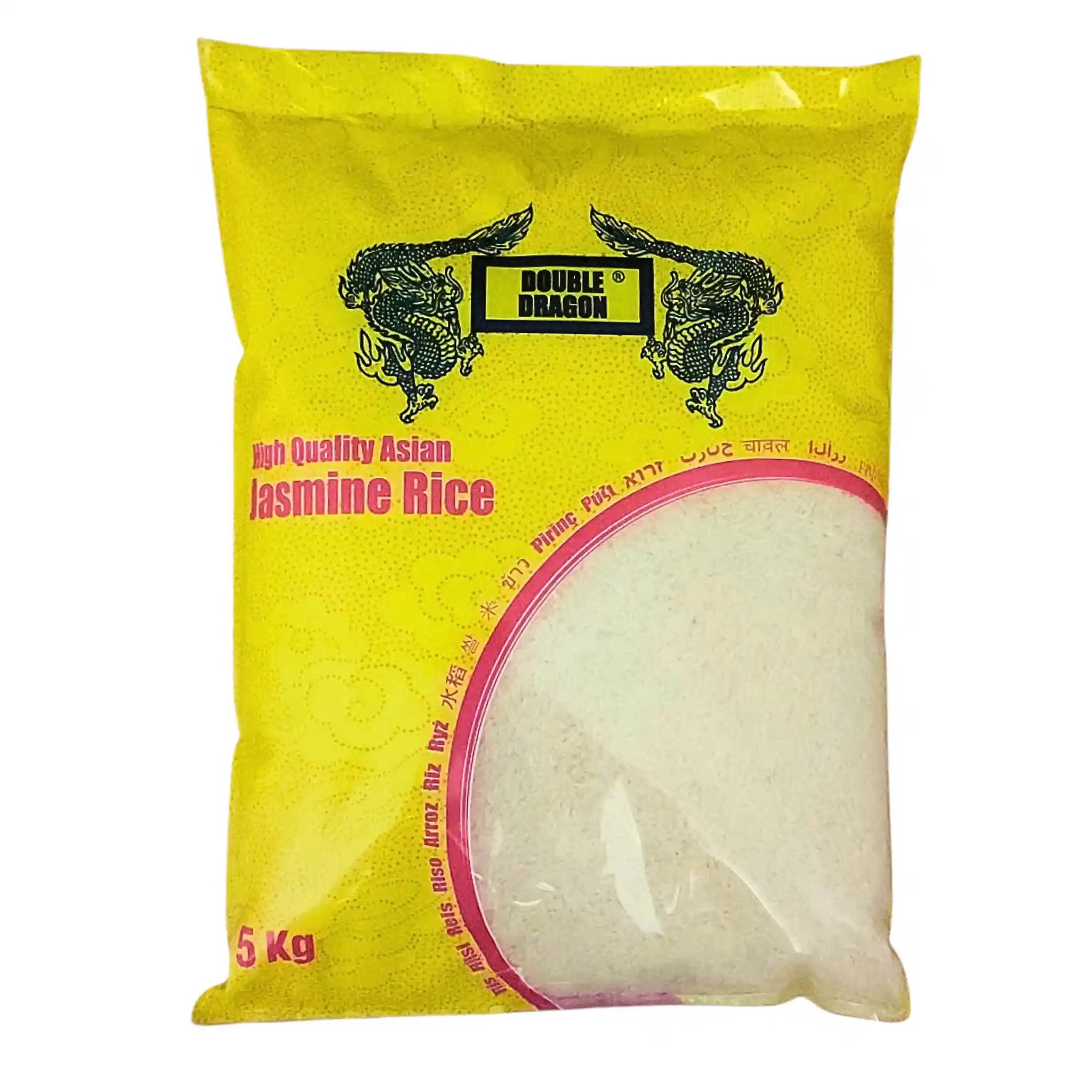 5 kg:n riisipakkaus, jossa teksti High Quality Asian Jasmine Rice, keltainen pussi drakonmotiivilla.