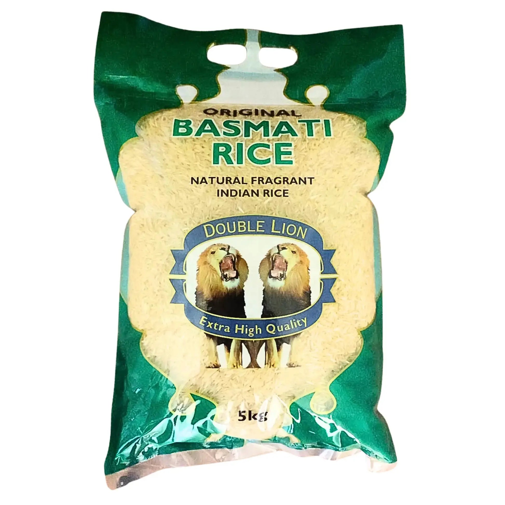 5 kg pussi Double Lion basmati-riisi, intialainen tuoksuva riisi, jossa on kaksi leijonaa pakkauksessa.