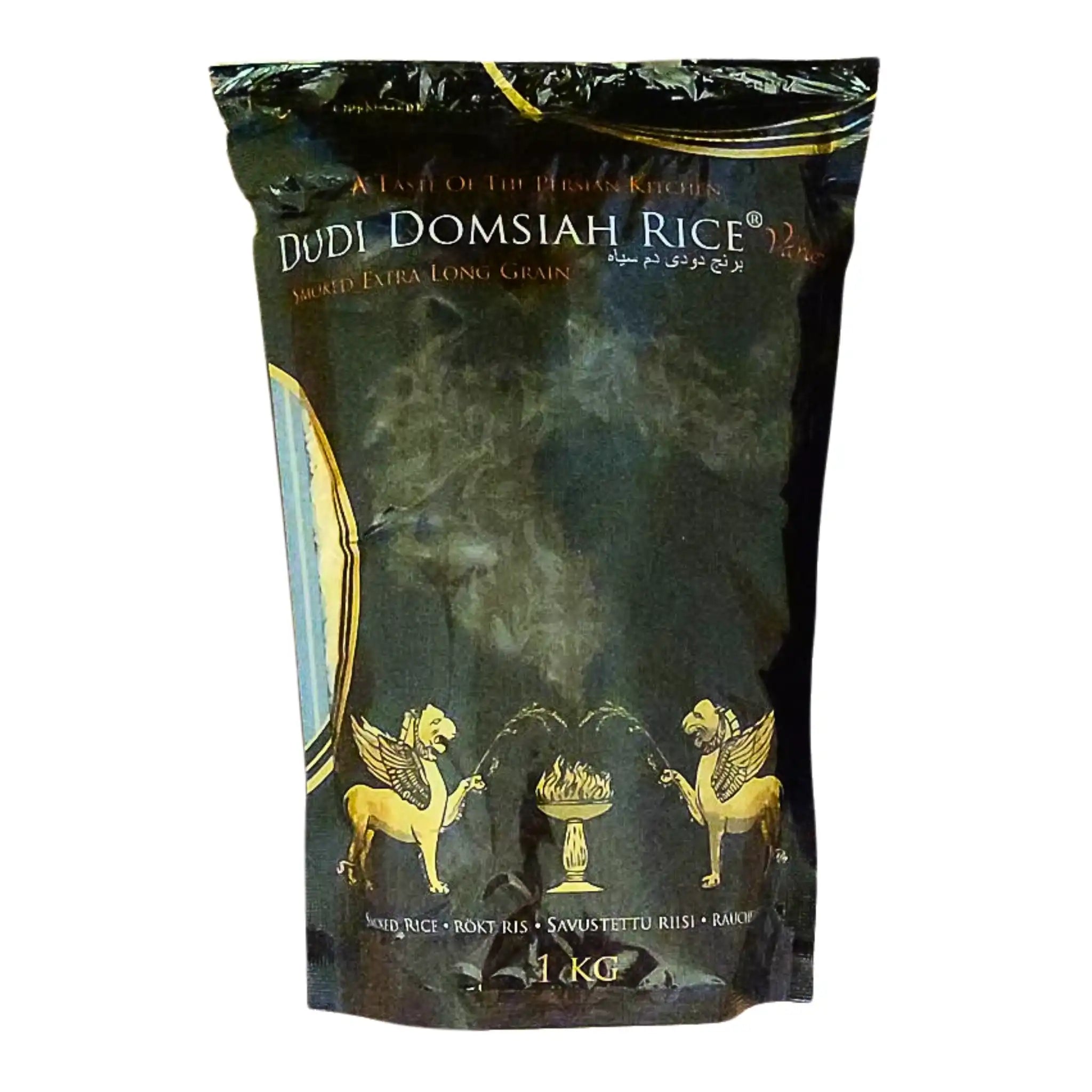 Dudi Domsiah -savirisi 1 kg, musta pussi kultaisilla itämaisilla motiiveilla, erittäin pitkäjyväinen riisi.