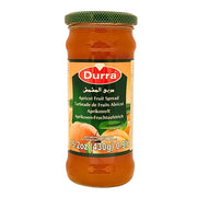 Durra aprikoosimarmeladi 430 g lasipurkki, itämainen hedelmämarmeladi aprikoosilla valkoisella taustalla