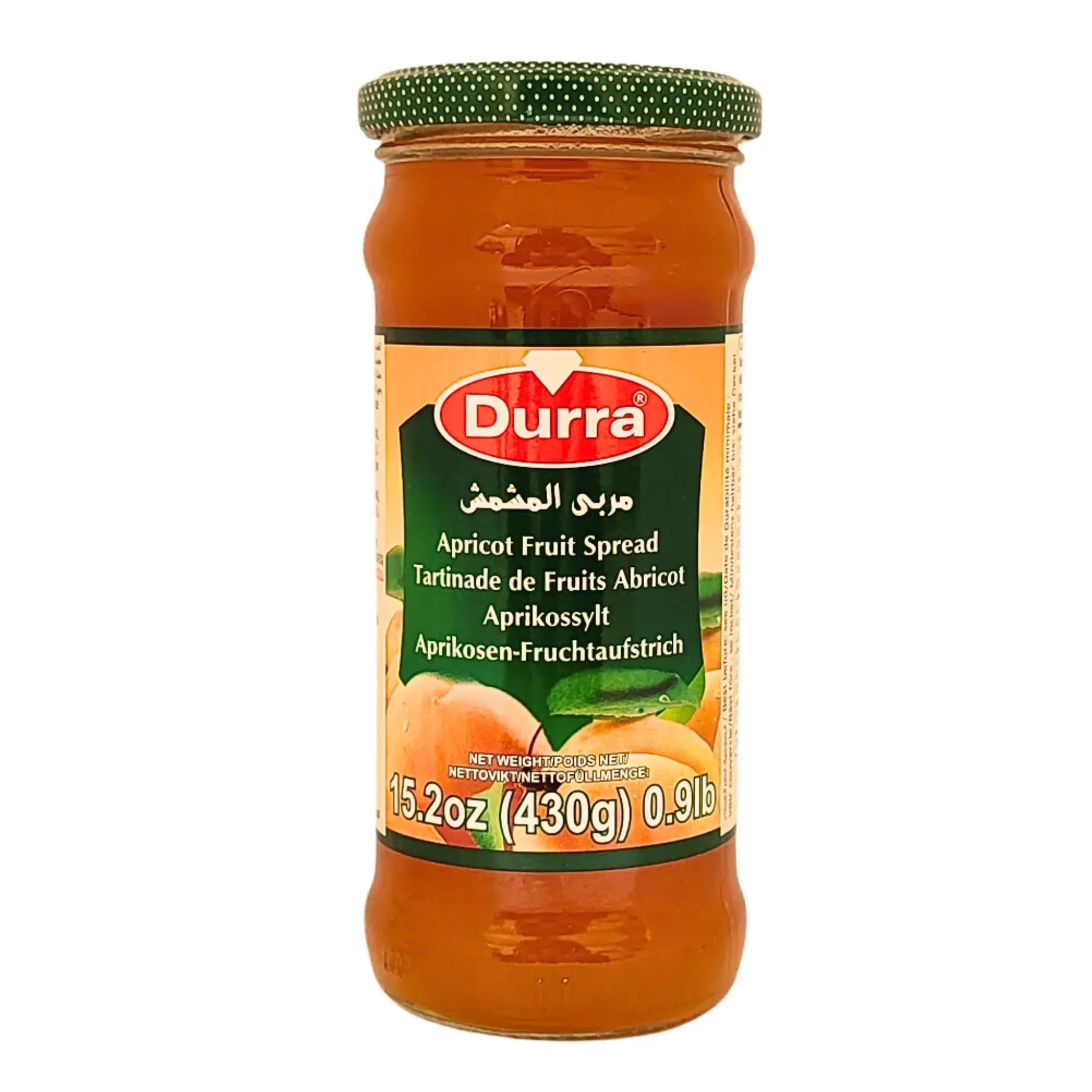Durra aprikoosimarmeladi 430 g lasipurkki, itämainen hedelmämarmeladi aprikoosilla valkoisella taustalla