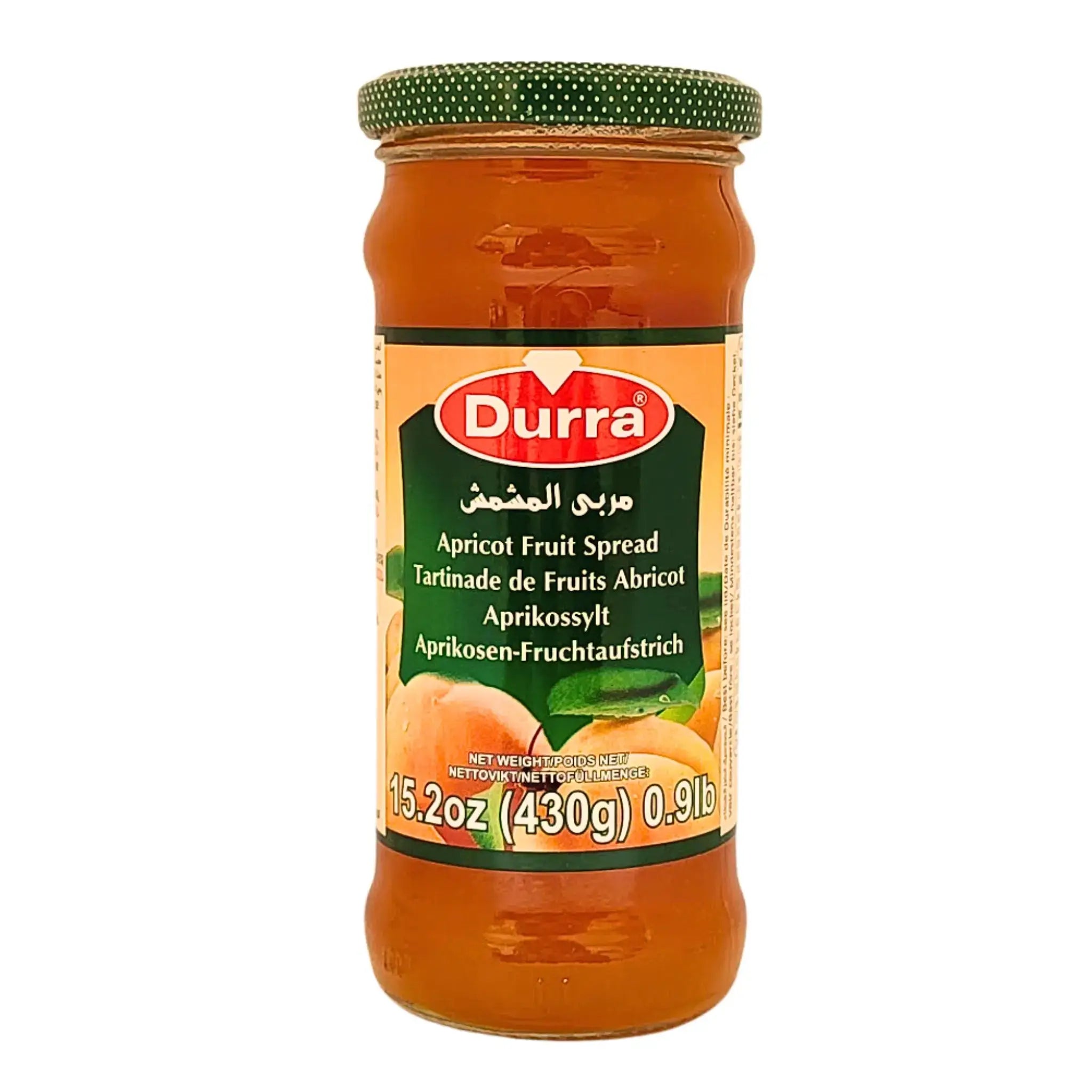 Durra aprikoosimarmeladi 430 g lasipurkki, itämainen hedelmämarmeladi aprikoosilla valkoisella taustalla