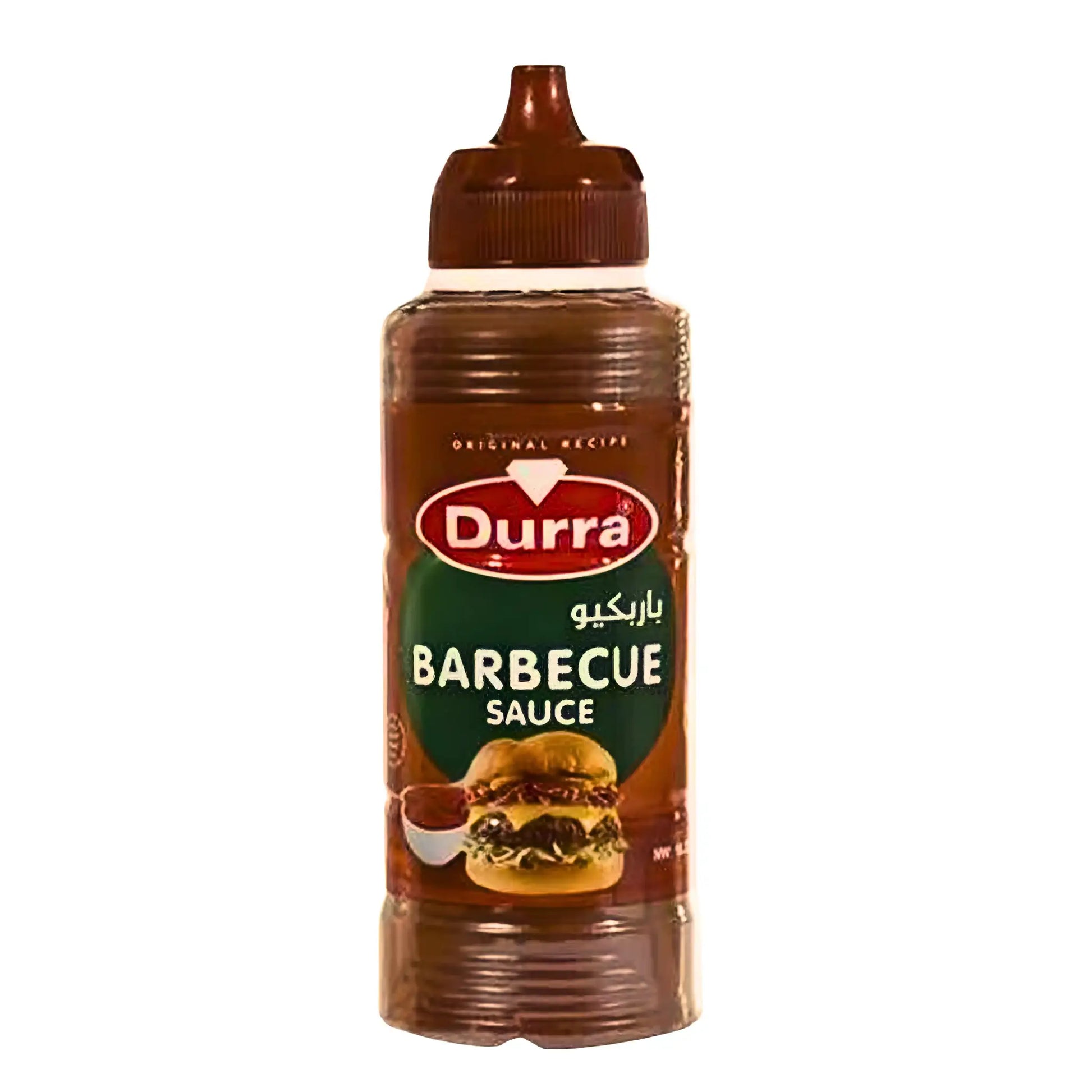 Barbequekastike muovipullossa ruskealla korkilla, etiketti ja hamburgerikuva etupaneelissa.