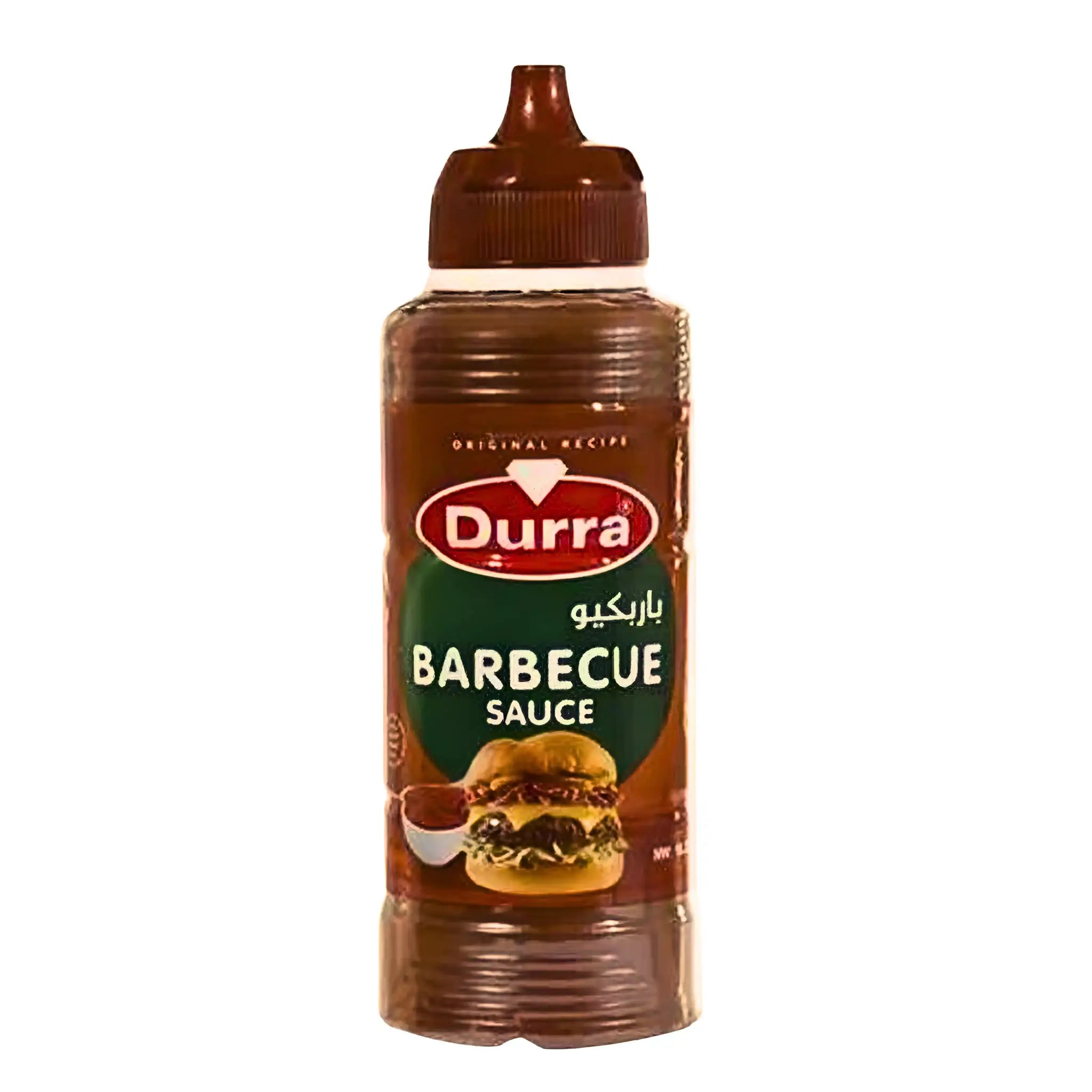 Barbequekastike muovipullossa ruskealla korkilla, etiketti ja hamburgerikuva etupaneelissa.