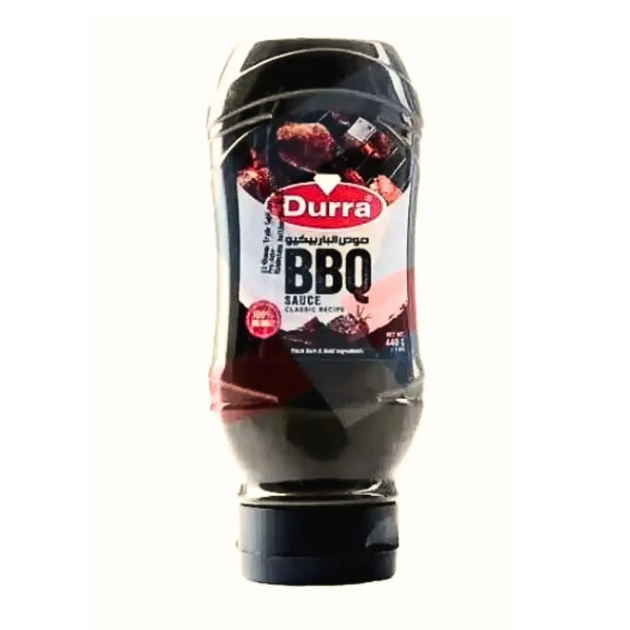 Durra BBQ-kastike 440 g muovipullo, itämainen grillikastike, etiketissä liha-kuvaus