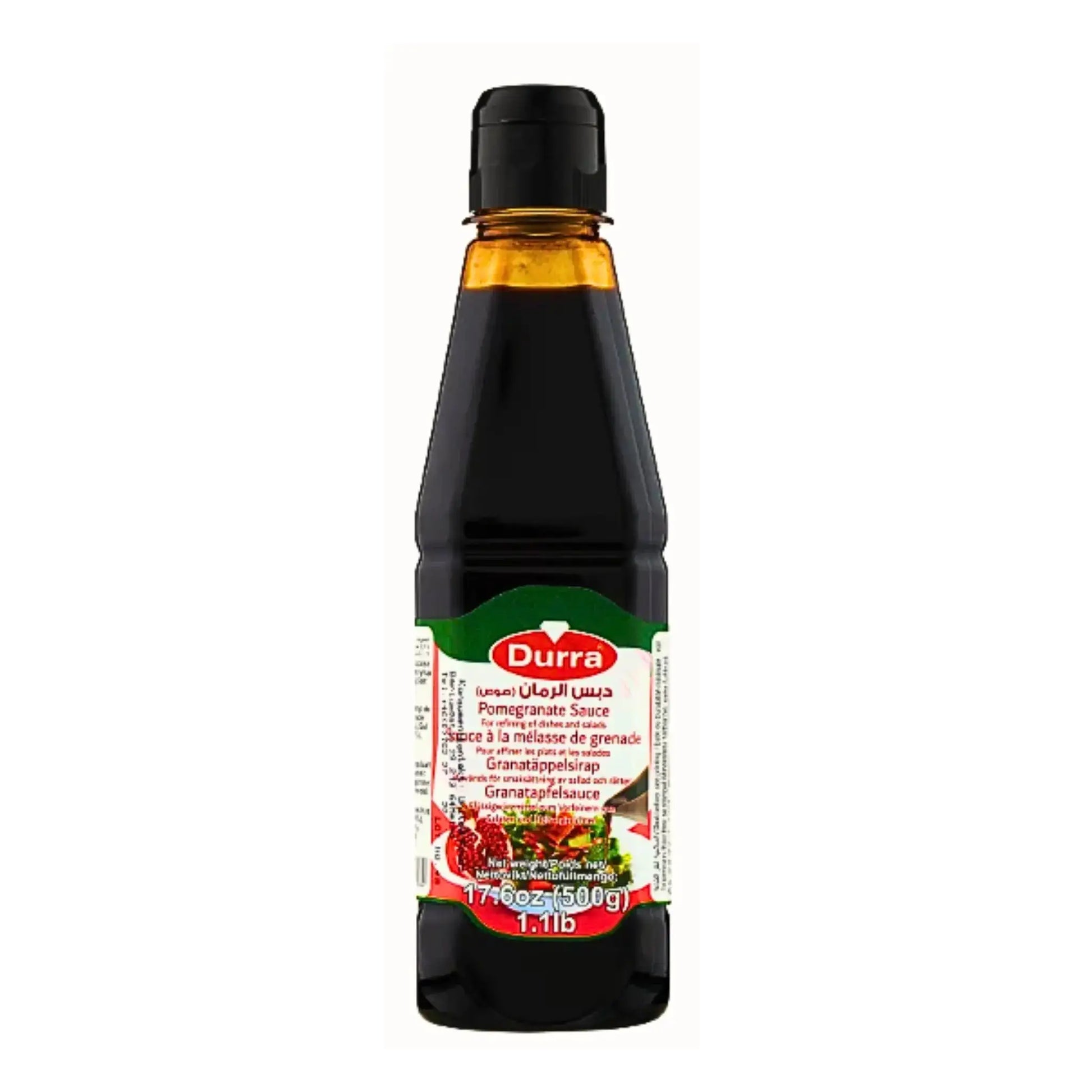 Durra-granaattiomenamehu 500 g pullossa värikkäällä etiketillä ja itämaisilla kuvioilla.