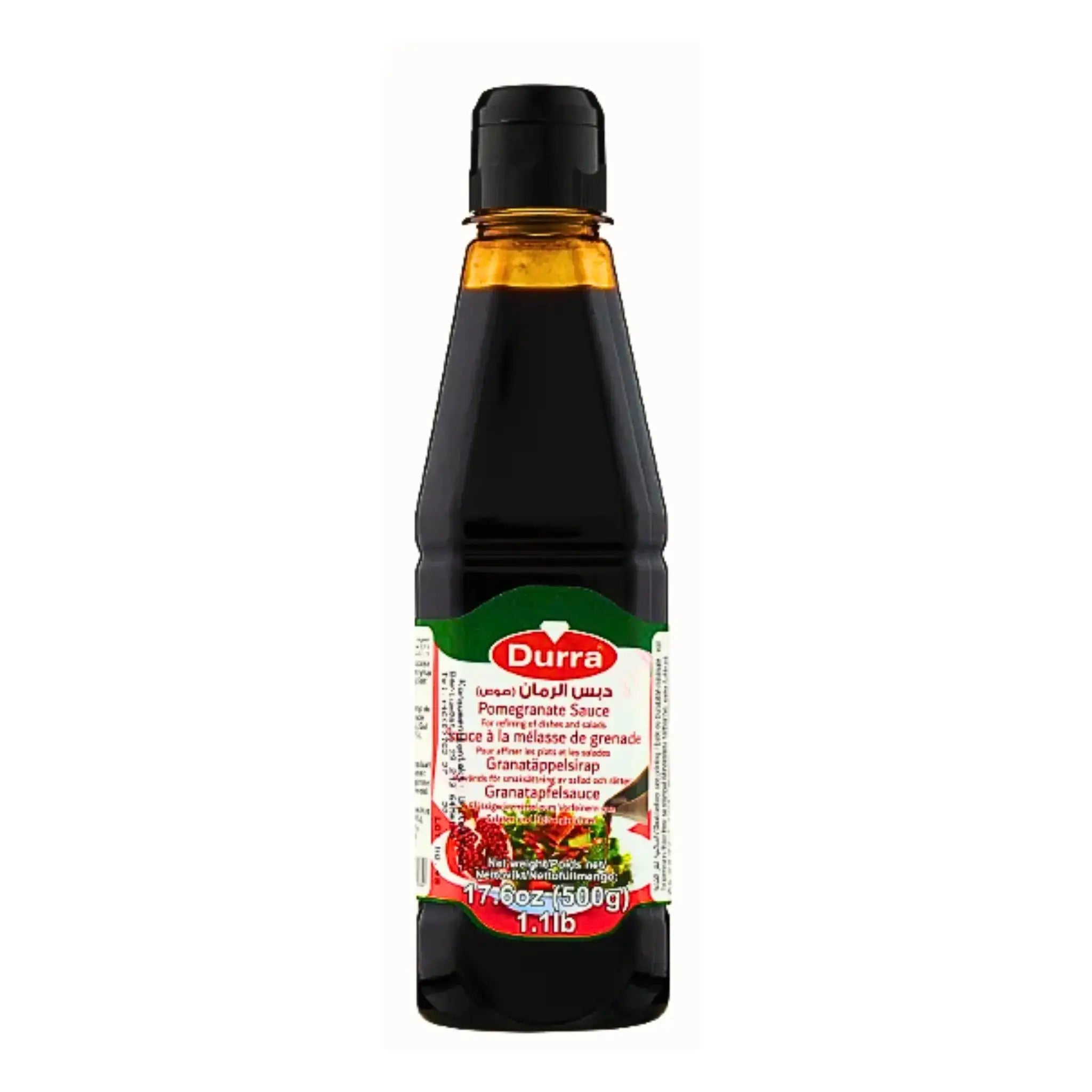 Durra-granaattiomenamehu 500 g pullossa värikkäällä etiketillä ja itämaisilla kuvioilla.