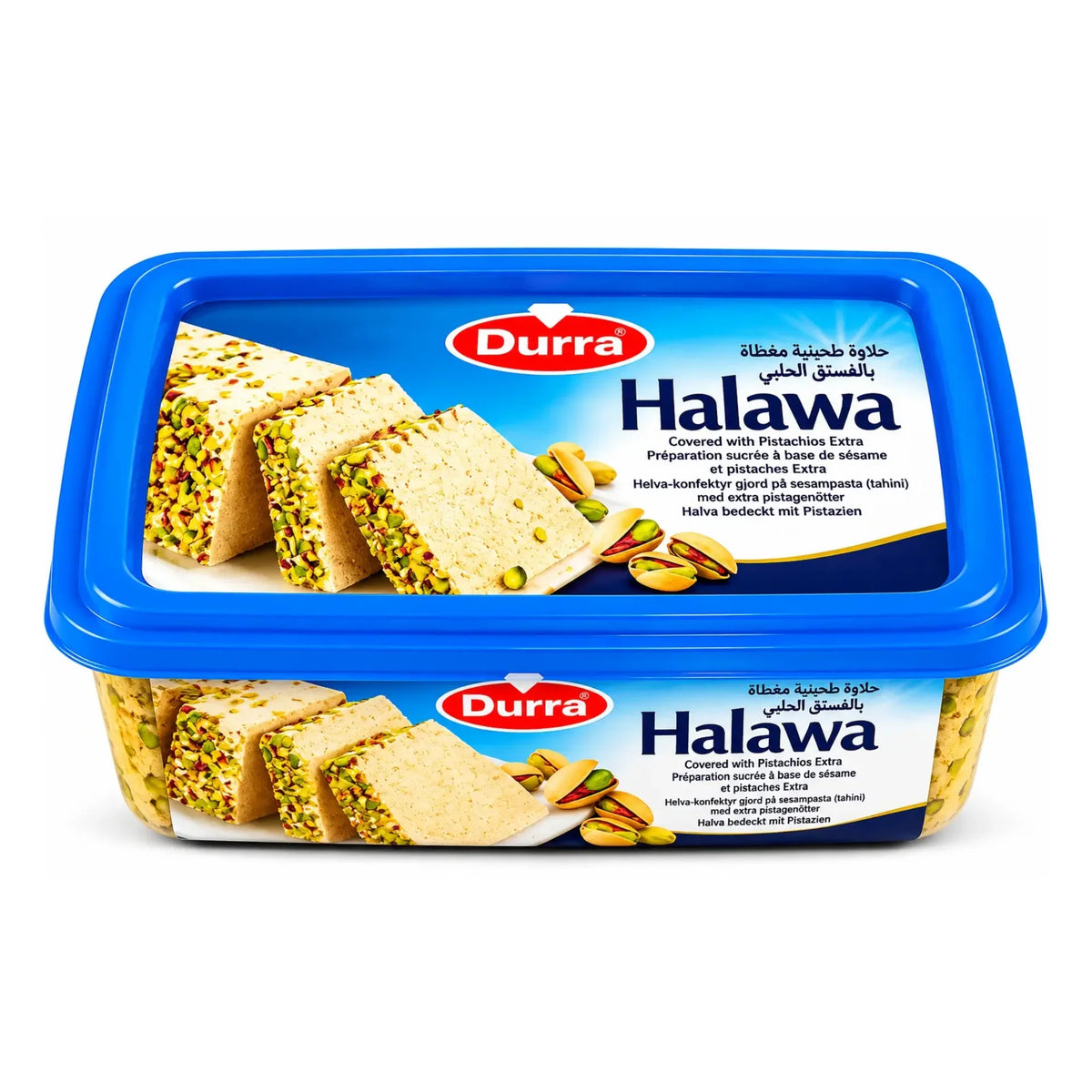 Durra halva i blått kar med pistagekross och förpackningsetikett