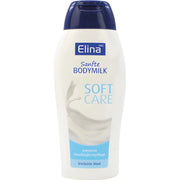 Elina Bodymilk Soft Care -pullo, pehmentävä vartalovoide kuivalle iholle, valkoinen ja sininen suunnittelu.