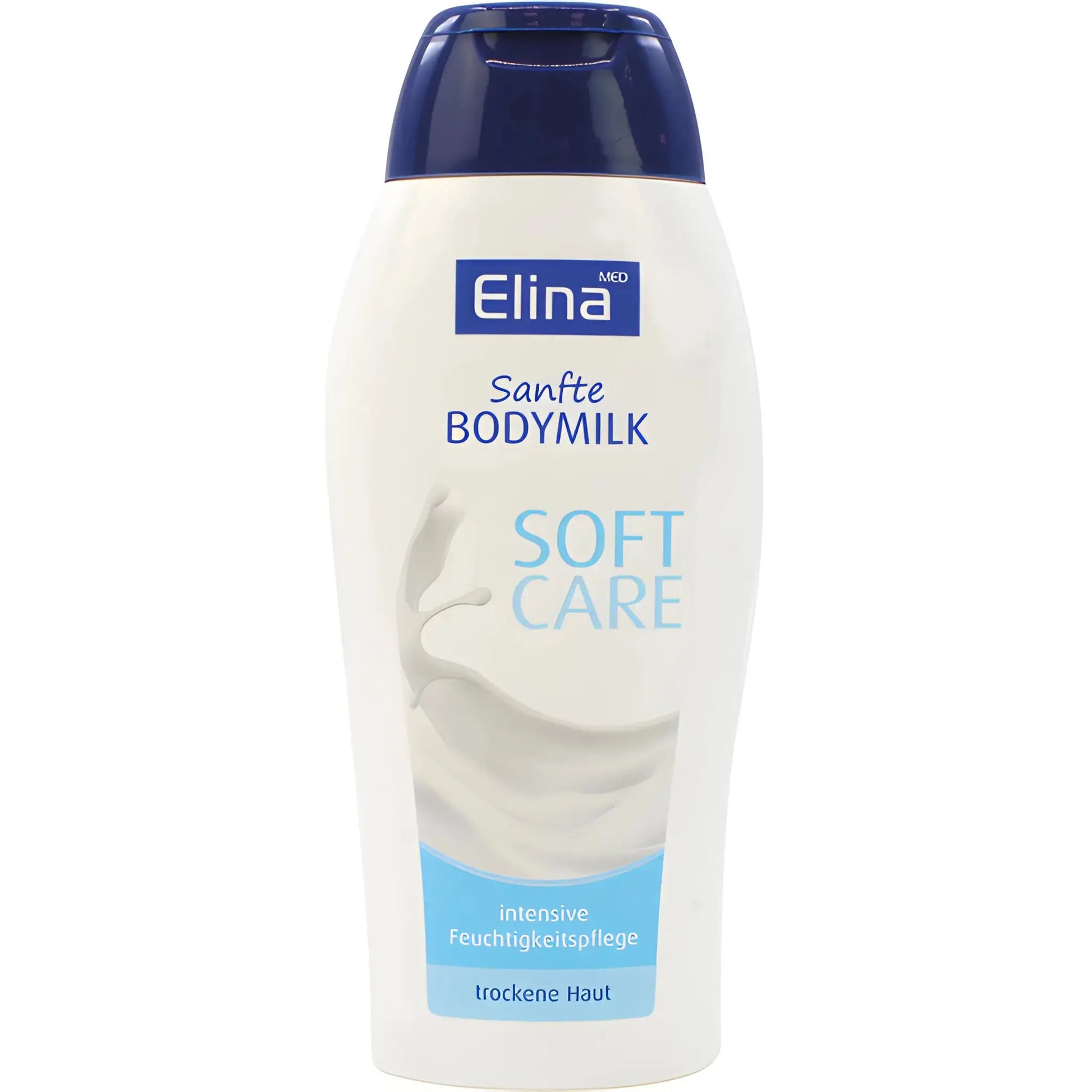 Elina Bodymilk Soft Care -pullo, pehmentävä vartalovoide kuivalle iholle, valkoinen ja sininen suunnittelu.