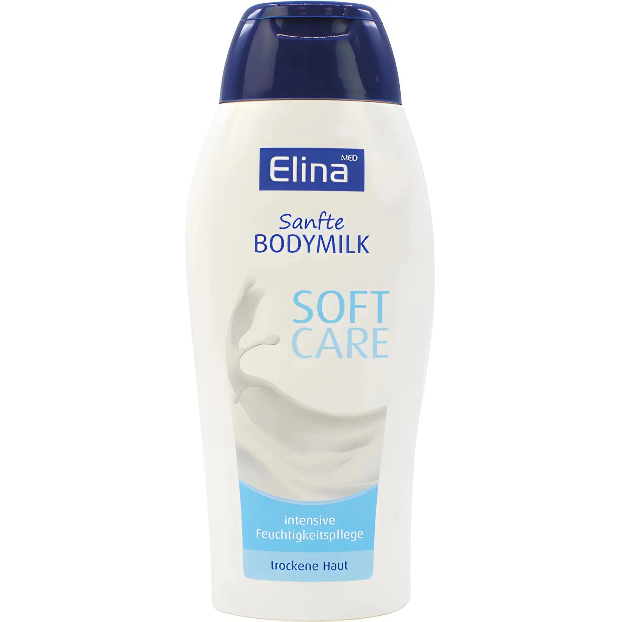 Elina Bodymilk Soft Care -pullo, pehmentävä vartalovoide kuivalle iholle, valkoinen ja sininen suunnittelu.