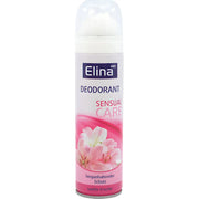 Elina deodorantti Sensual Care kukkakuvioilla, vaaleanpunainen ja valkoinen pakkaus.
