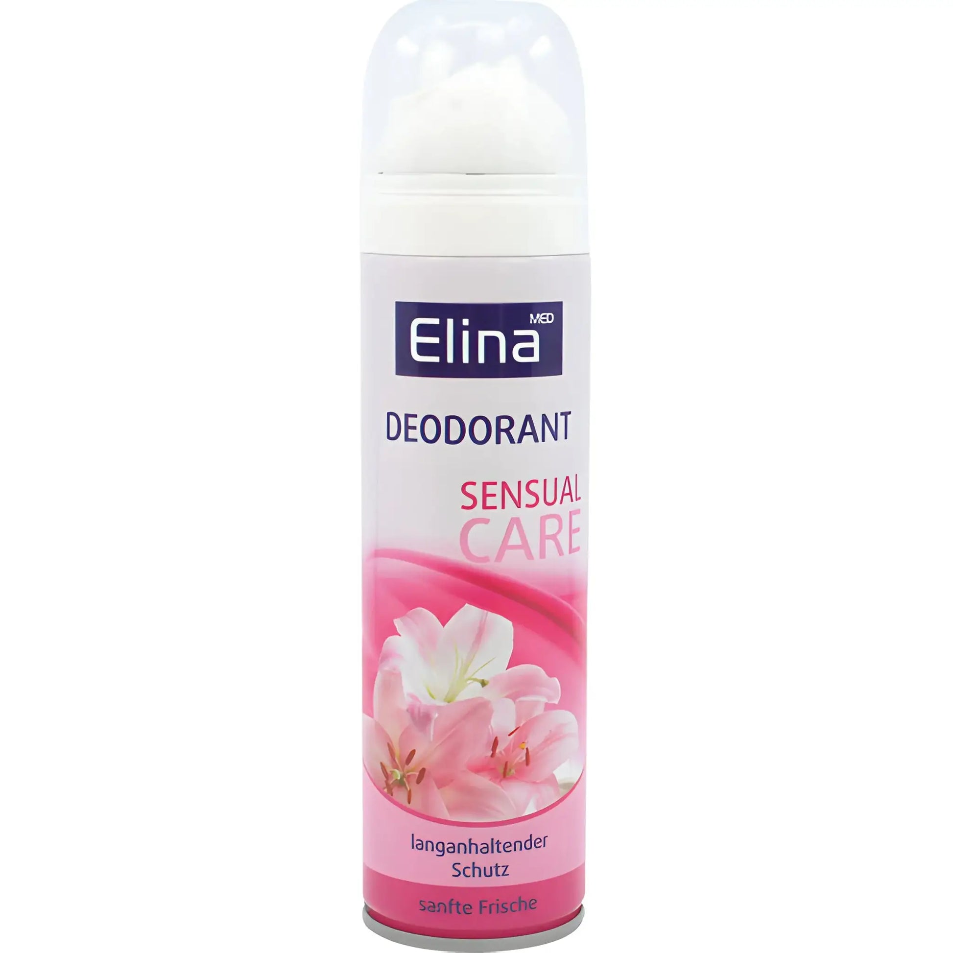 Elina deodorantti Sensual Care kukkakuvioilla, vaaleanpunainen ja valkoinen pakkaus.