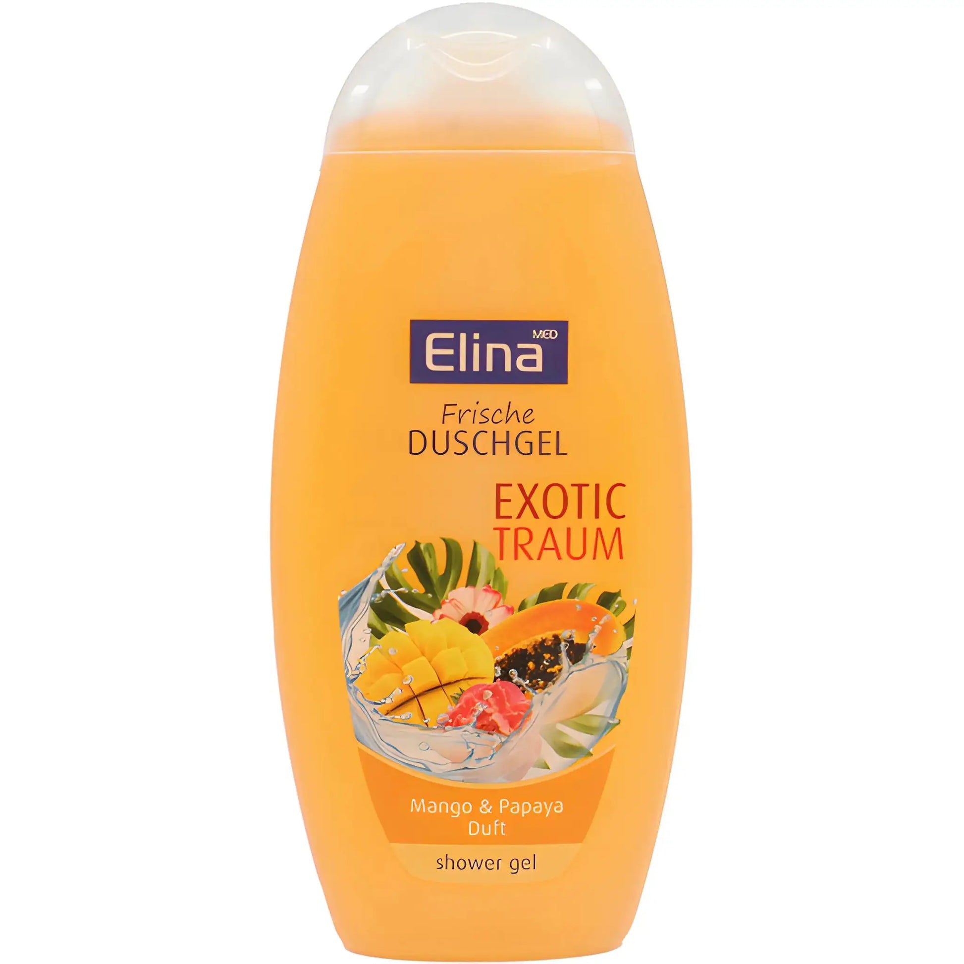 Elina suihkugeeli Exotic Traum mangon ja papajan tuoksulla, oranssi pullo, eksyinen design