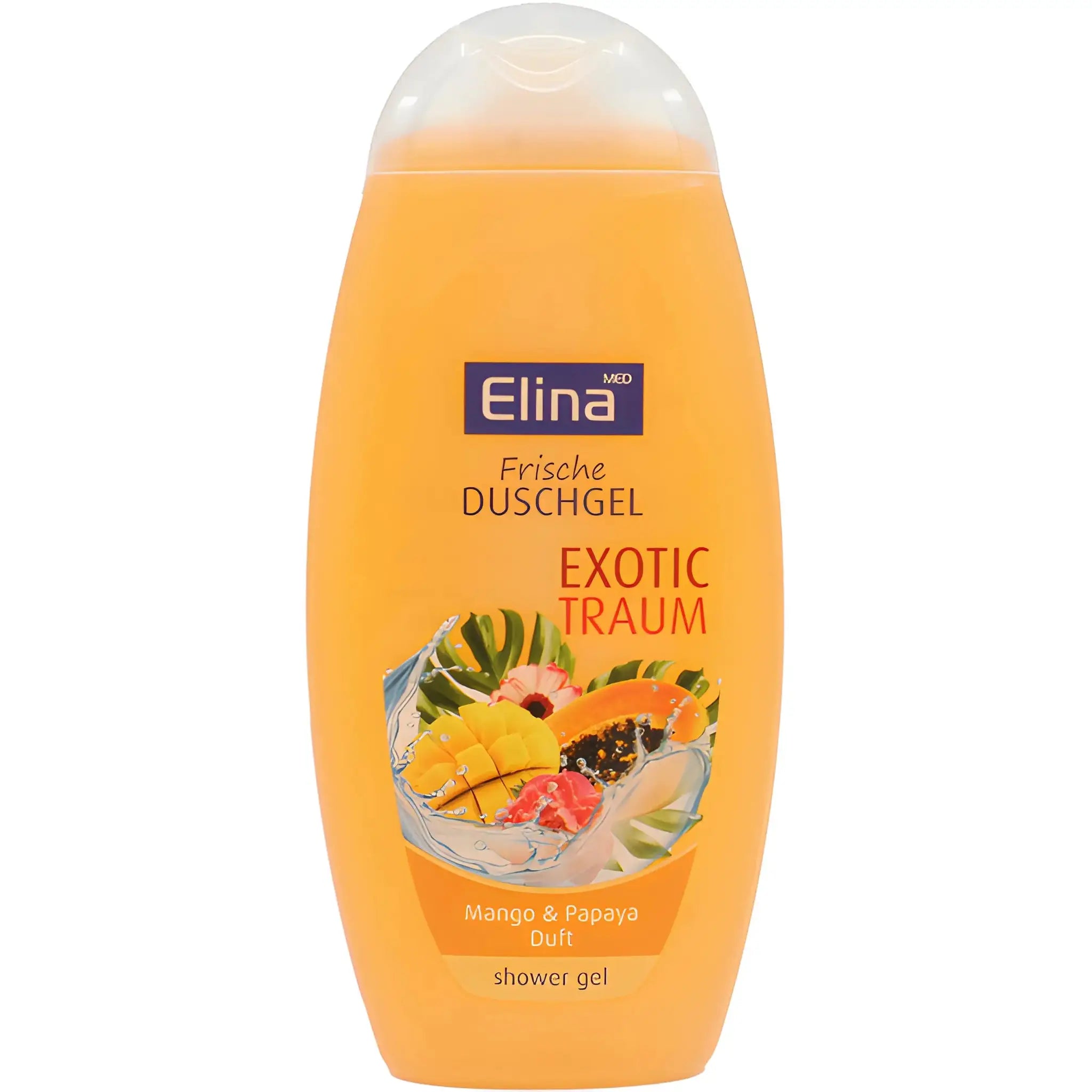 Elina suihkugeeli Exotic Traum mangon ja papajan tuoksulla, oranssi pullo, eksyinen design