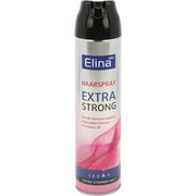 Hiuslakkipullo Elina Extra Strong, hopea ja vaaleanpunainen design, vahva kiinnitys kaikille hiustyypeille.