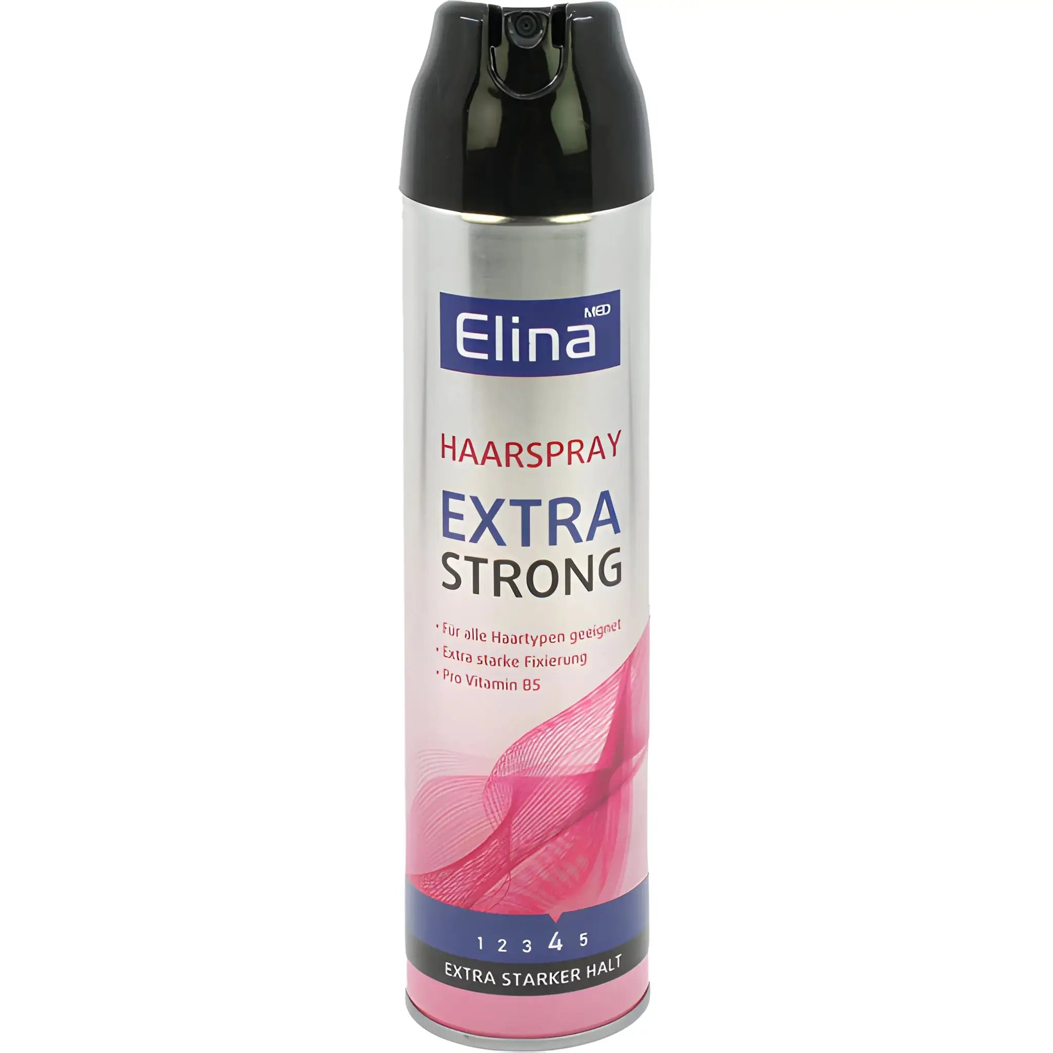 Hiuslakkipullo Elina Extra Strong, hopea ja vaaleanpunainen design, vahva kiinnitys kaikille hiustyypeille.