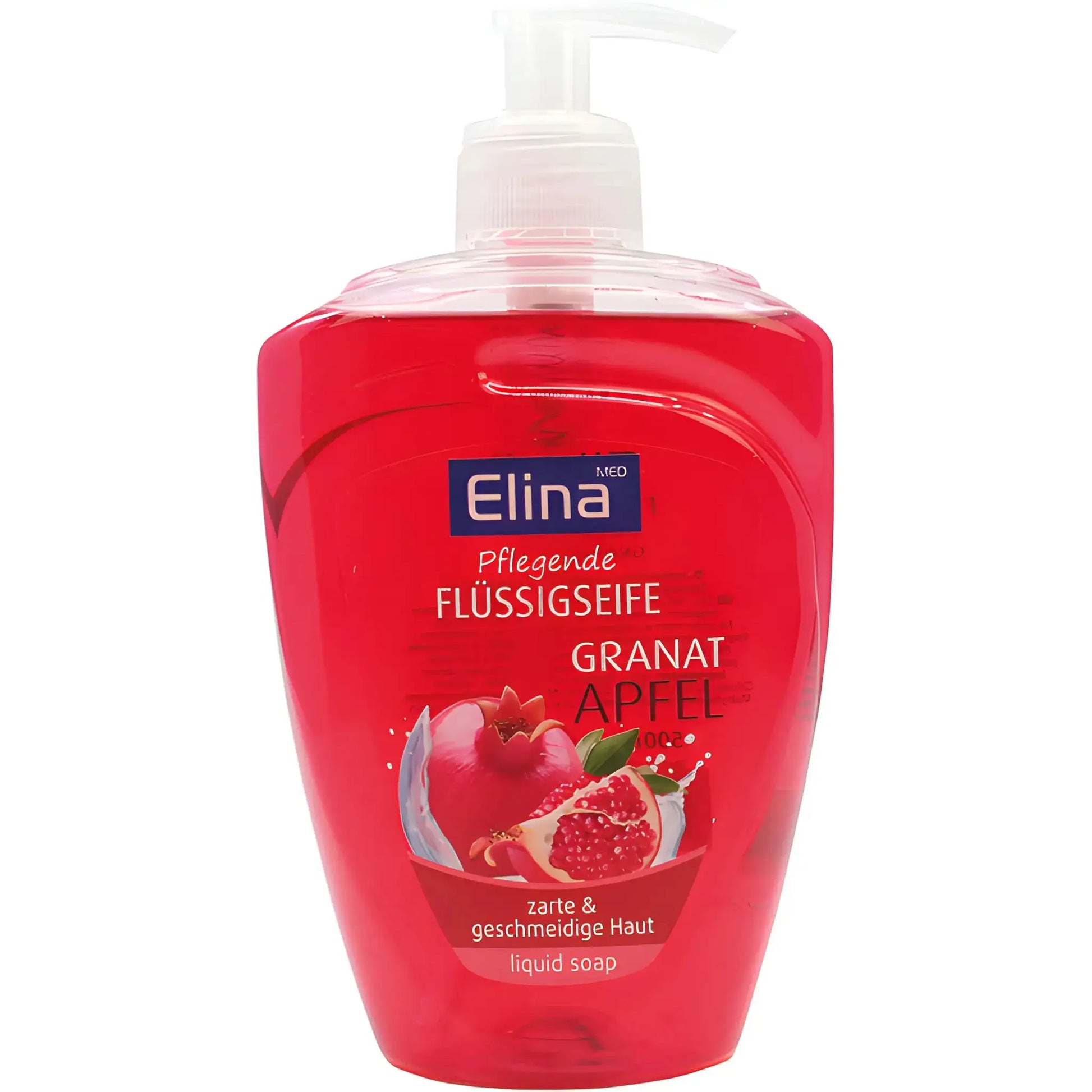 Nestemäinen saippuna granaattiomenatuoksella punaisessa pumpullisessa pullassa, selkeä kuva etiketissä.