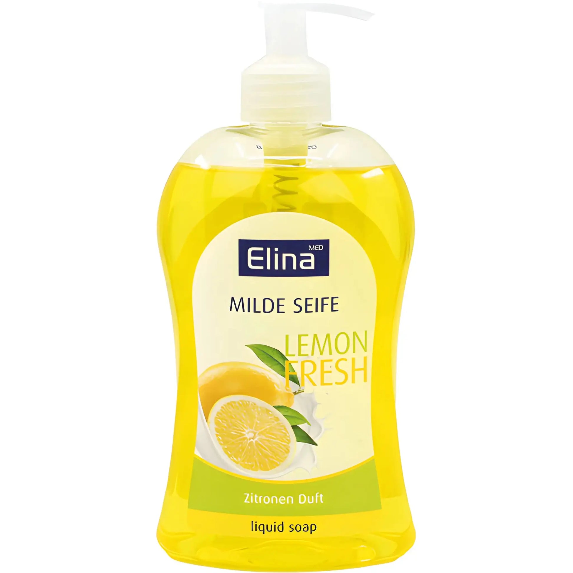Nestemäinen sitruunasaippua pumpulla, läpinäkyvä keltainen pakkaus, Elina Lemon Fresh.