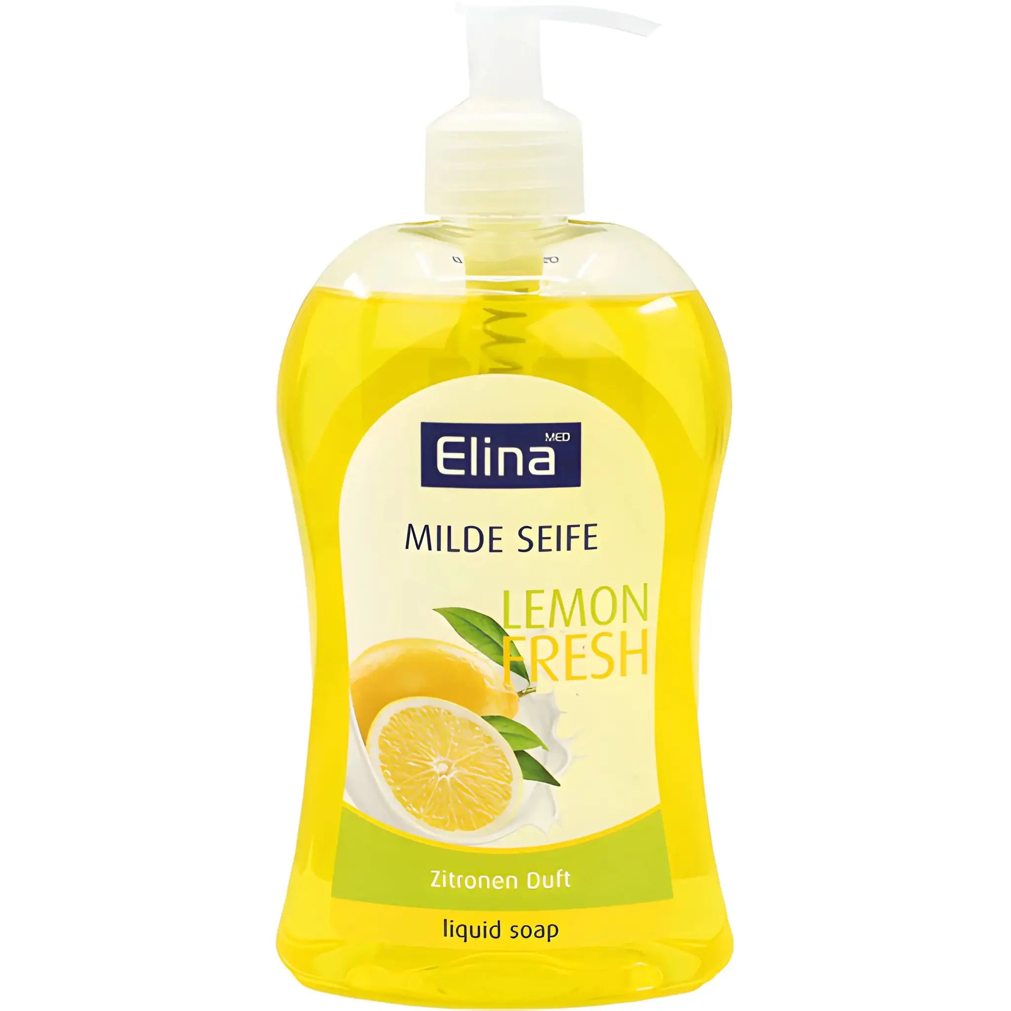 Nestemäinen sitruunasaippua pumpulla, läpinäkyvä keltainen pakkaus, Elina Lemon Fresh.