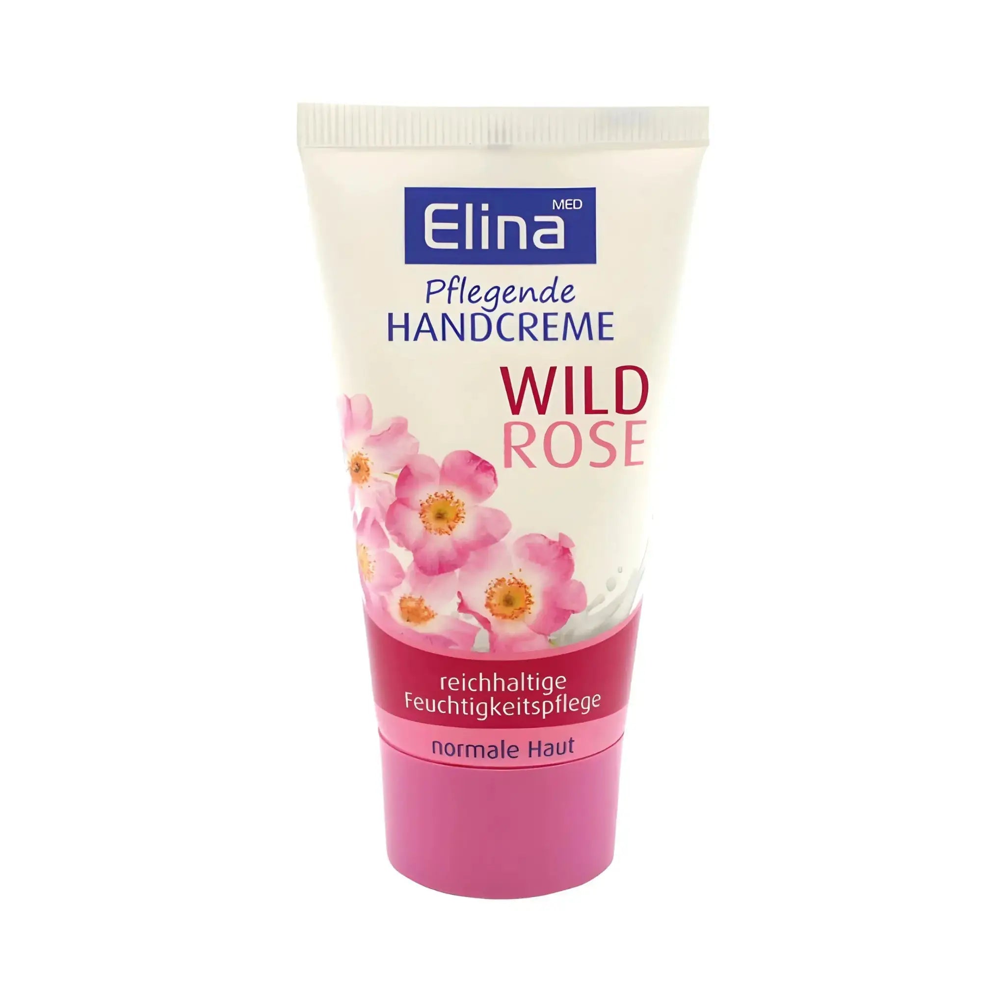 Villiruusu-hoitoaine Elina 50 ml, kosteuttava, putki, jossa on vaaleanpunaisia kukkia, normaalia ihoa varten
