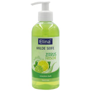 Pumpullinen nestemäinen sitrushedelmäsappua, vihreä väri, etiketissä lime- ja sitruunamotiivit