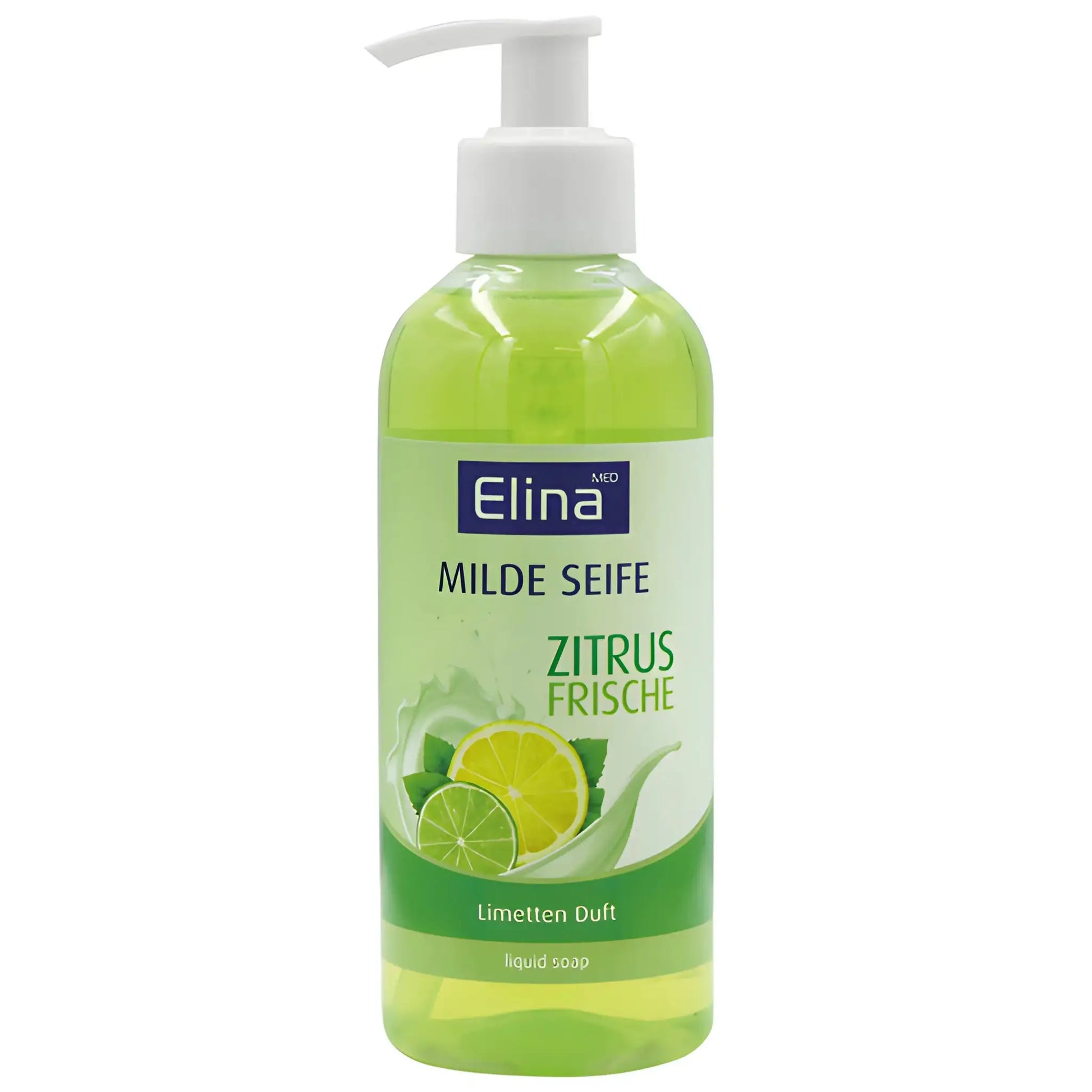 Pumpullinen nestemäinen sitrushedelmäsappua, vihreä väri, etiketissä lime- ja sitruunamotiivit